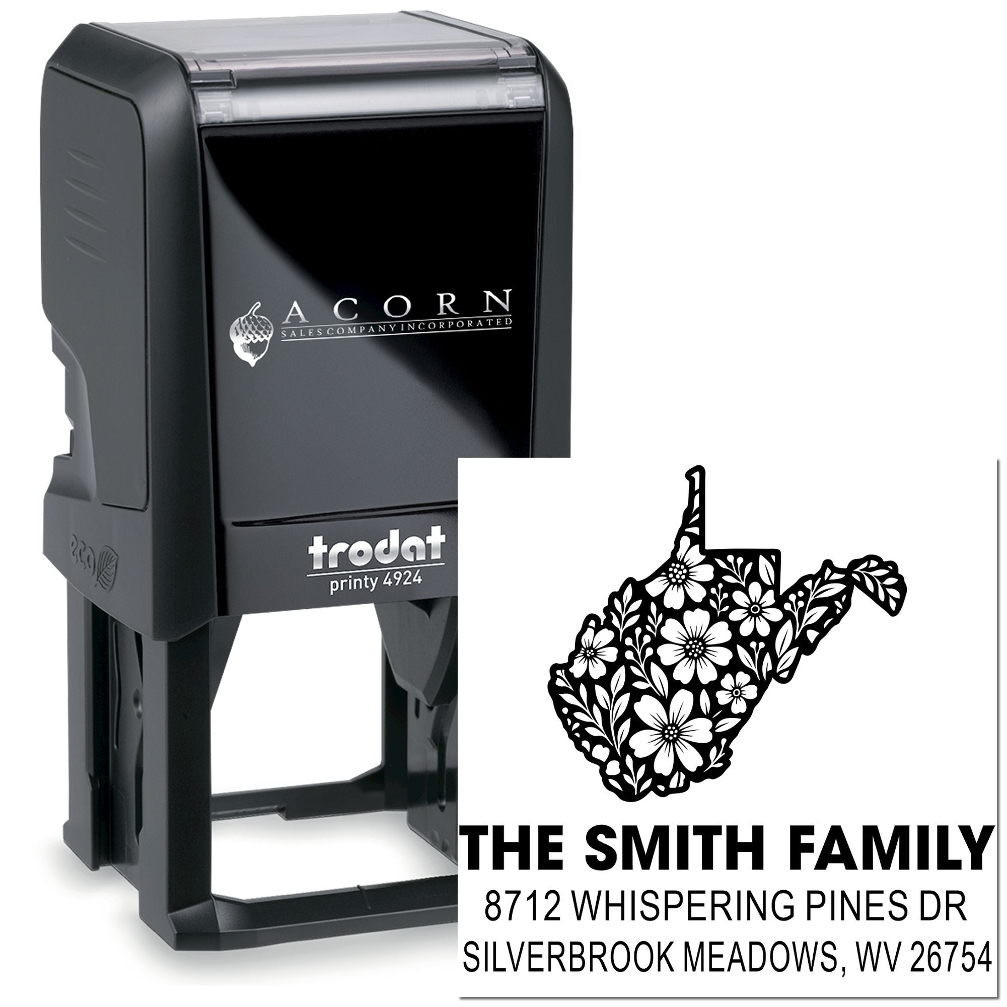 Personalized self-inking return address stamp with floral West Virginia design, Smith family name, and custom address on white background