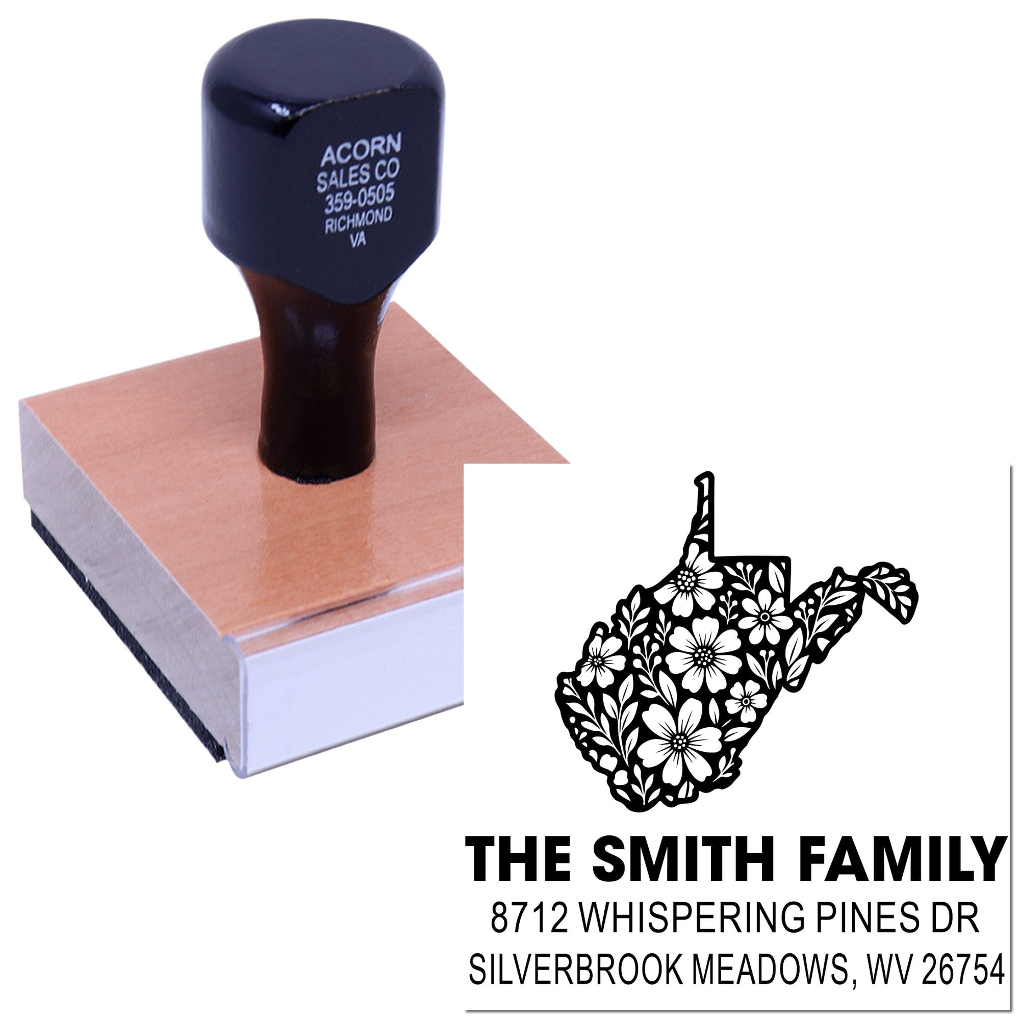 Custom address stamp on white background, featuring a floral West Virginia silhouette and family name, with stamped impression beside the mounted stamp.
