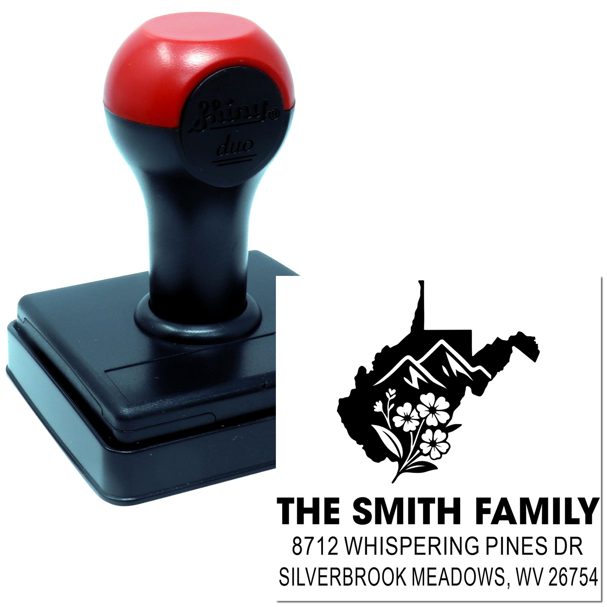 Custom self-inking family address stamp with West Virginia mountain-flower design and The Smith Family return address imprint.