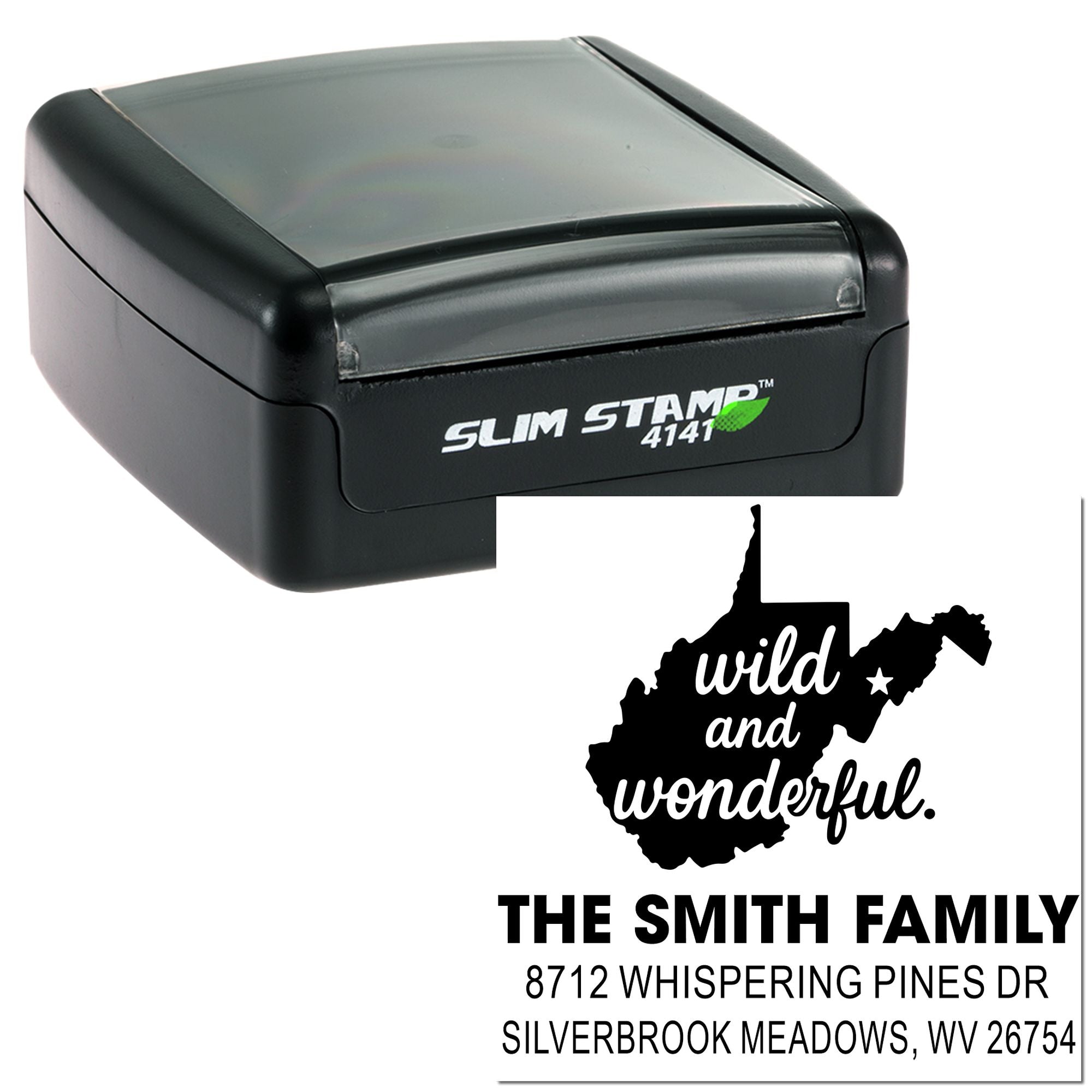 Custom self-inking address stamp featuring West Virginia wild and wonderful design with The Smith Family return address.