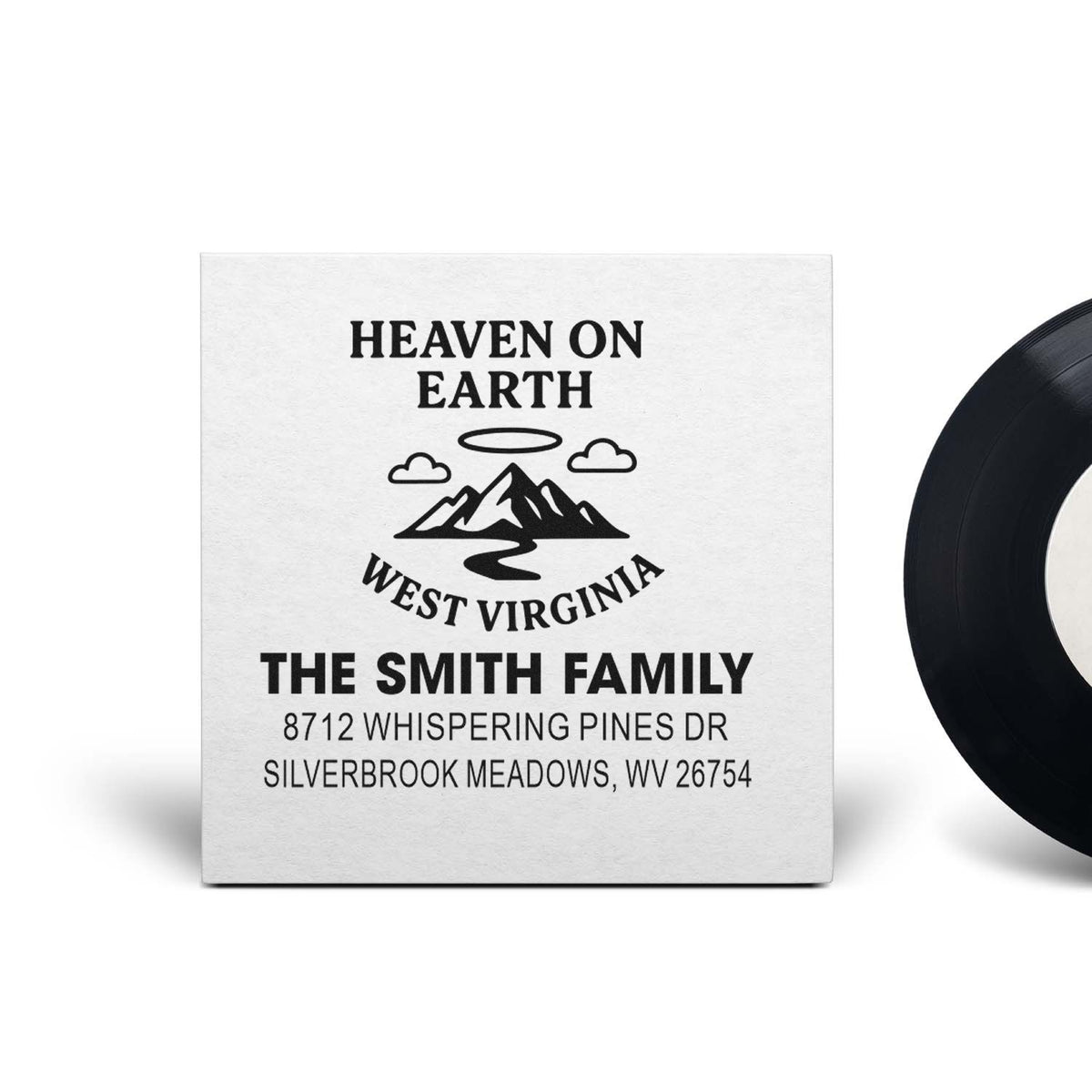 Custom address stamp with West Virginia mountain logo, Heaven on Earth, and The Smith Family return address on a white background.