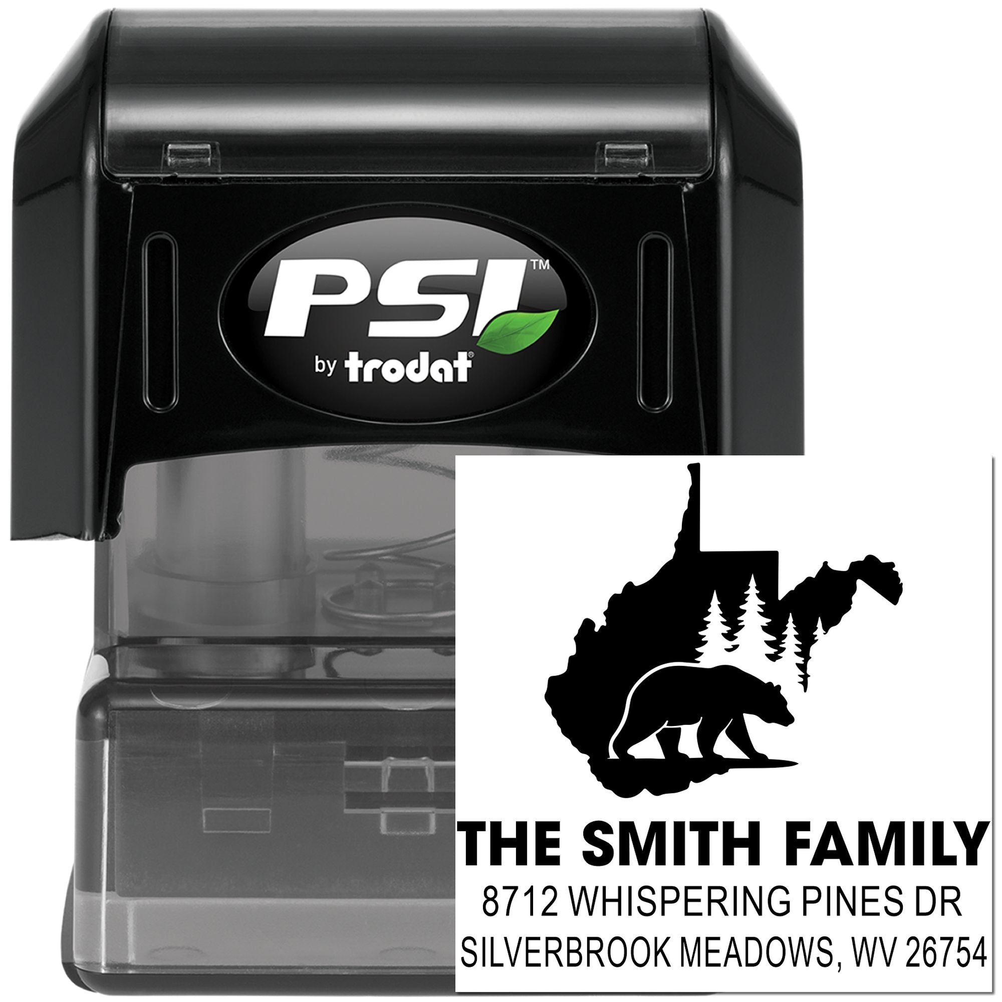 PSI by Trodat custom self-inking address stamp with bear and pine silhouette, showing The Smith Family name and mailing address on a white background.