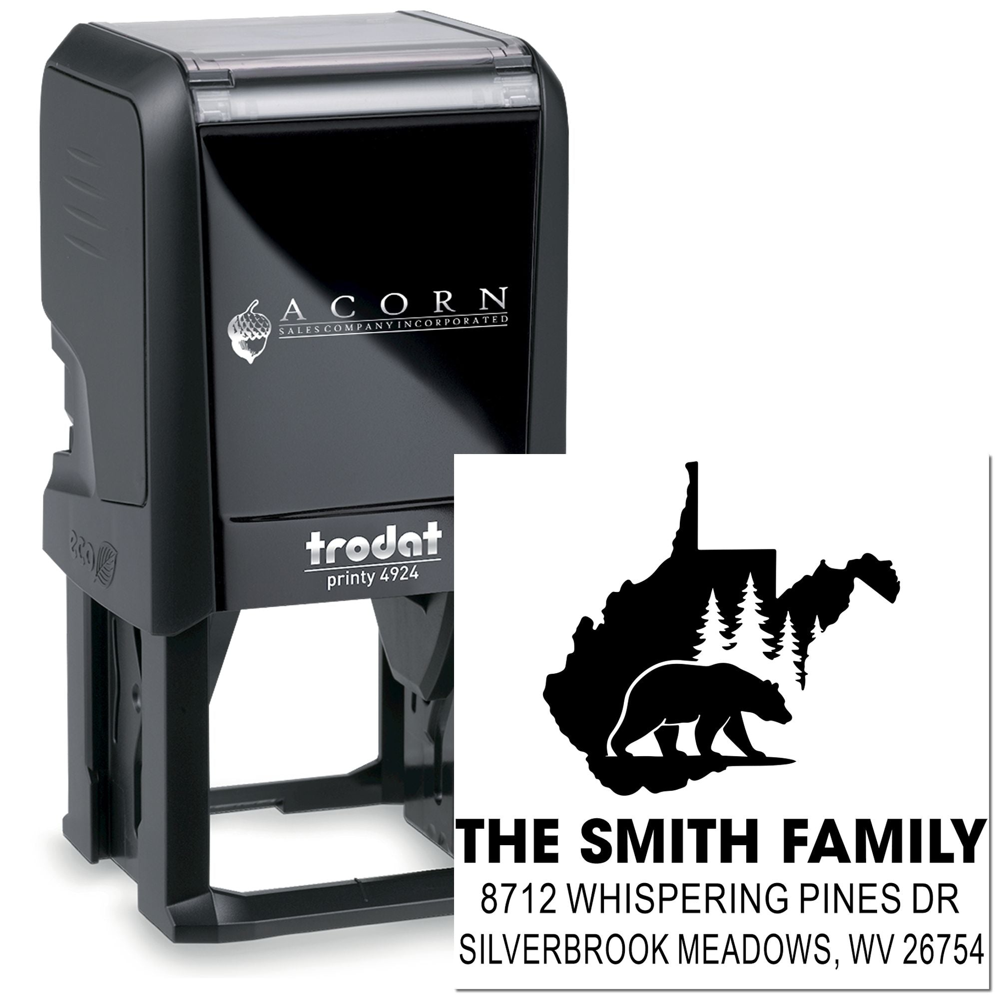 Custom self-inking address stamp with bear and West Virginia forest design, reading The Smith Family and Whispering Pines Dr.