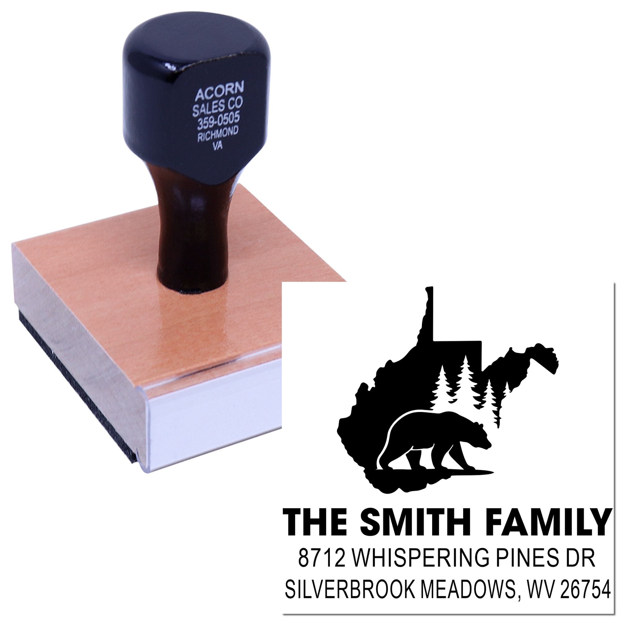 Personalized self-inking address stamp on white background with West Virginia bear and pine tree design, The Smith Family name and address.