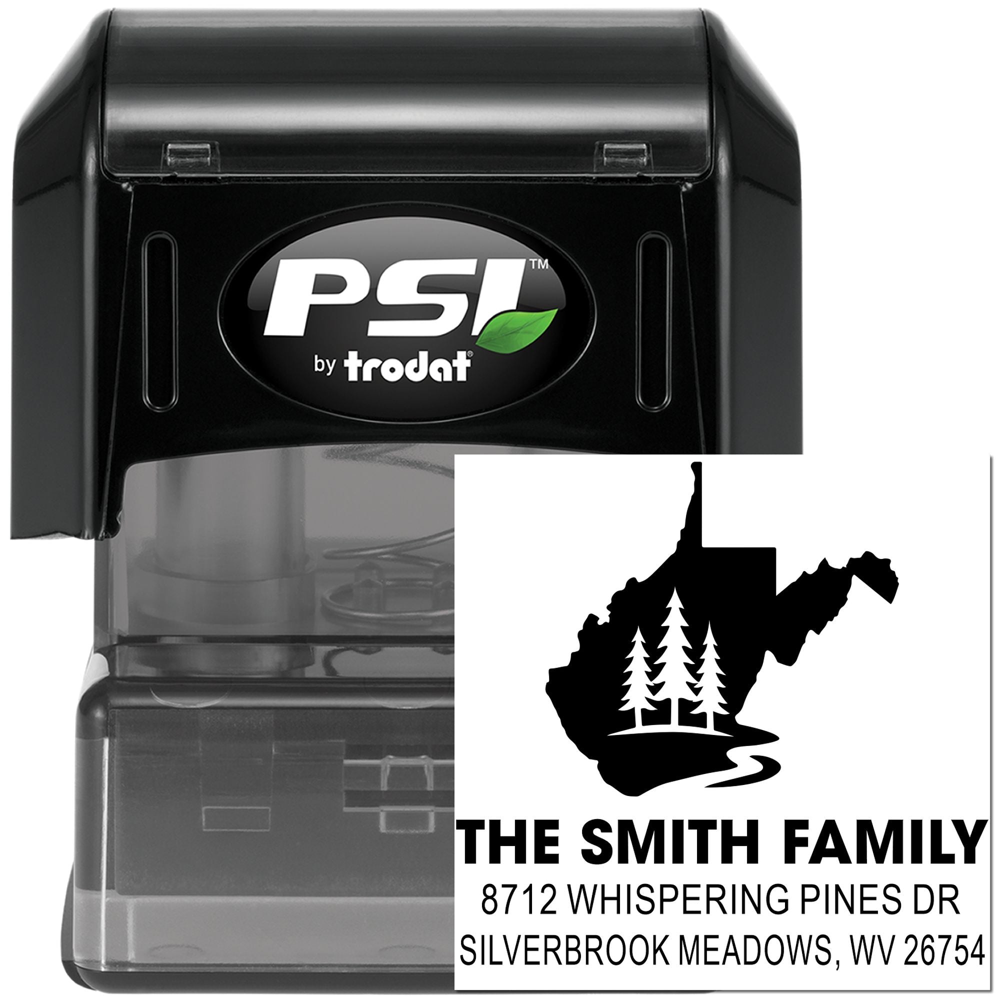 PSI by Trodat self-inking custom address stamp with West Virginia pine tree design and Smith family return address on a black stamp case