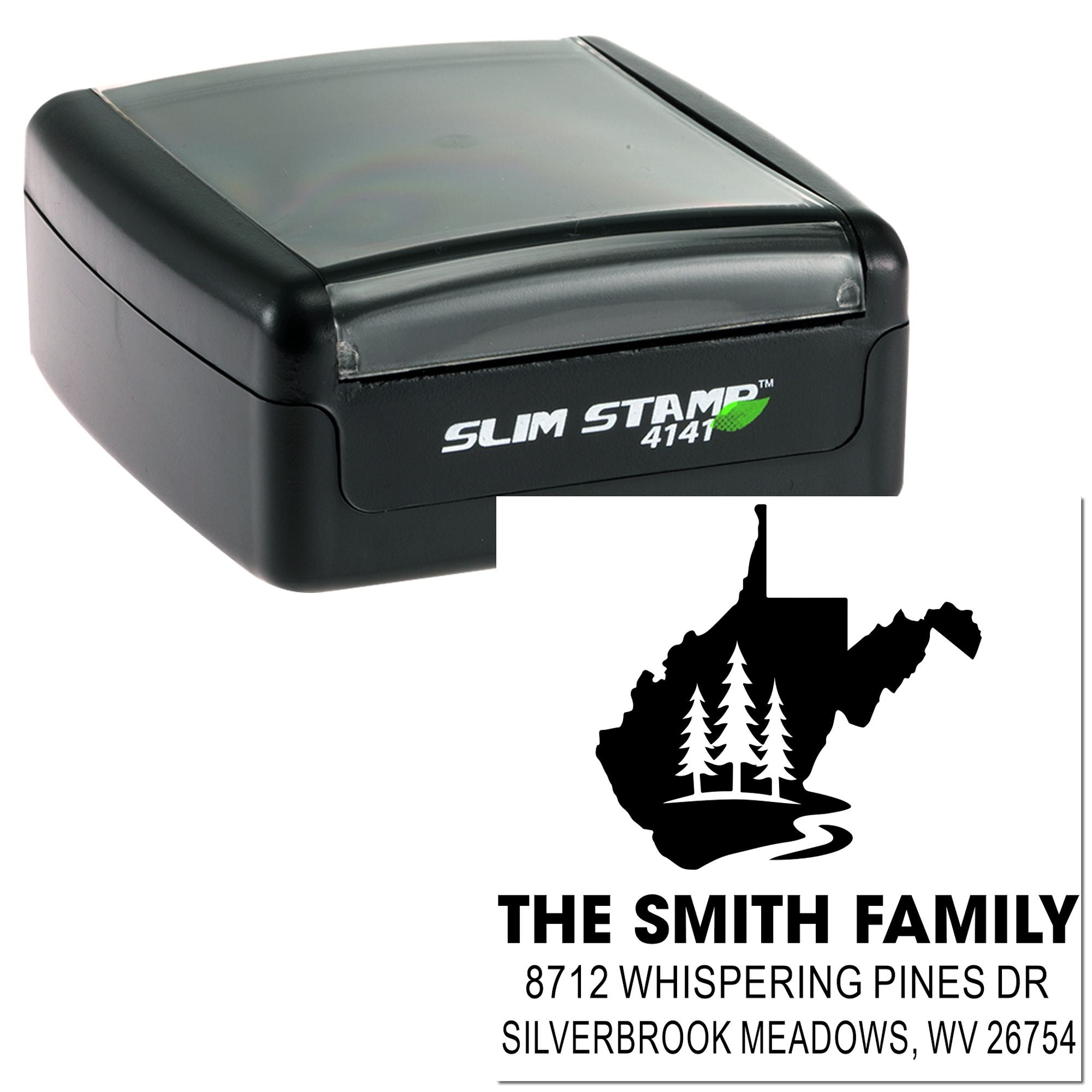 Slim Stamp 4141 self-inking address stamp with West Virginia tree design and The Smith Family return address imprint.