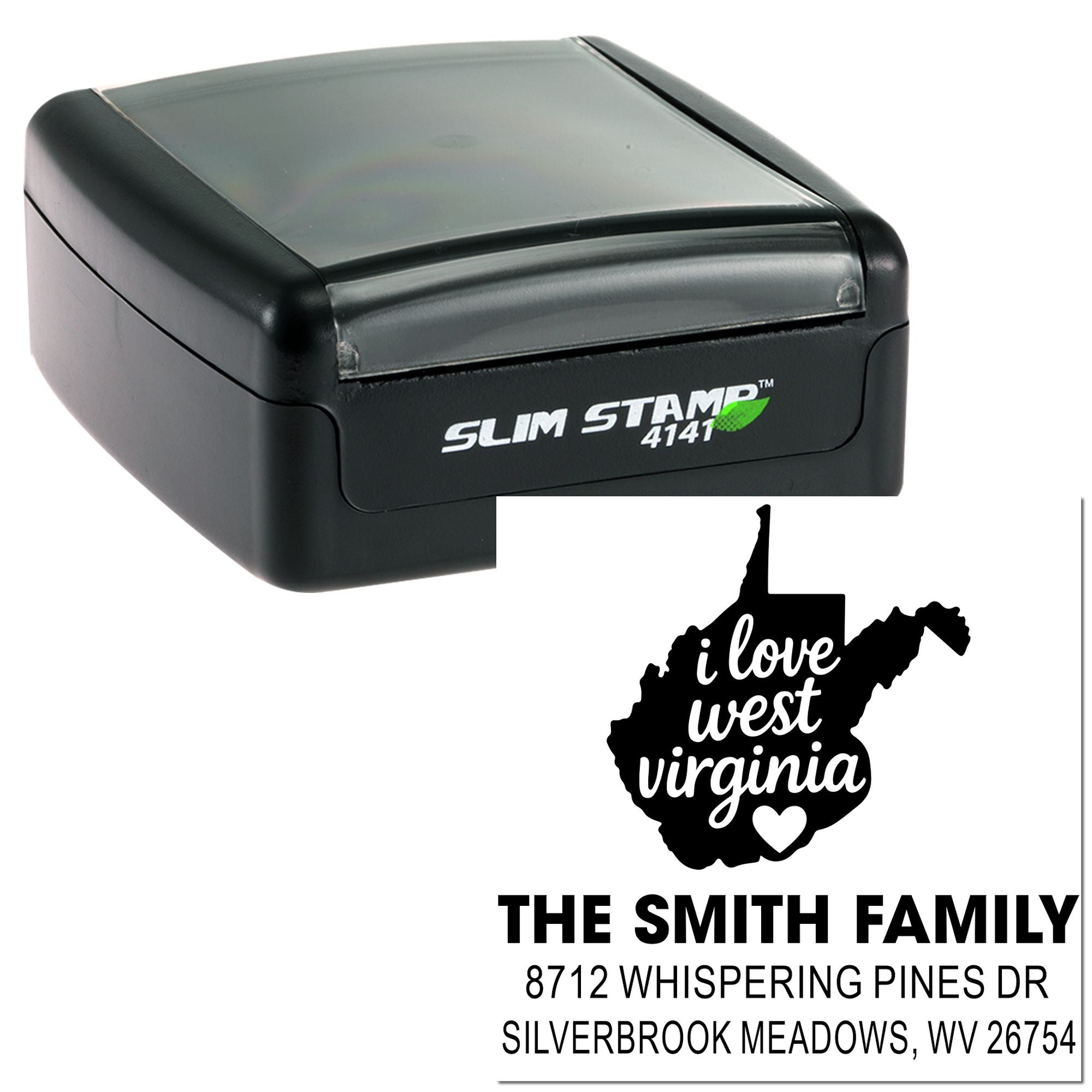 Custom self-inking Slim Stamp with West Virginia silhouette, I love west virginia, family name, and address for personalized mailing use.