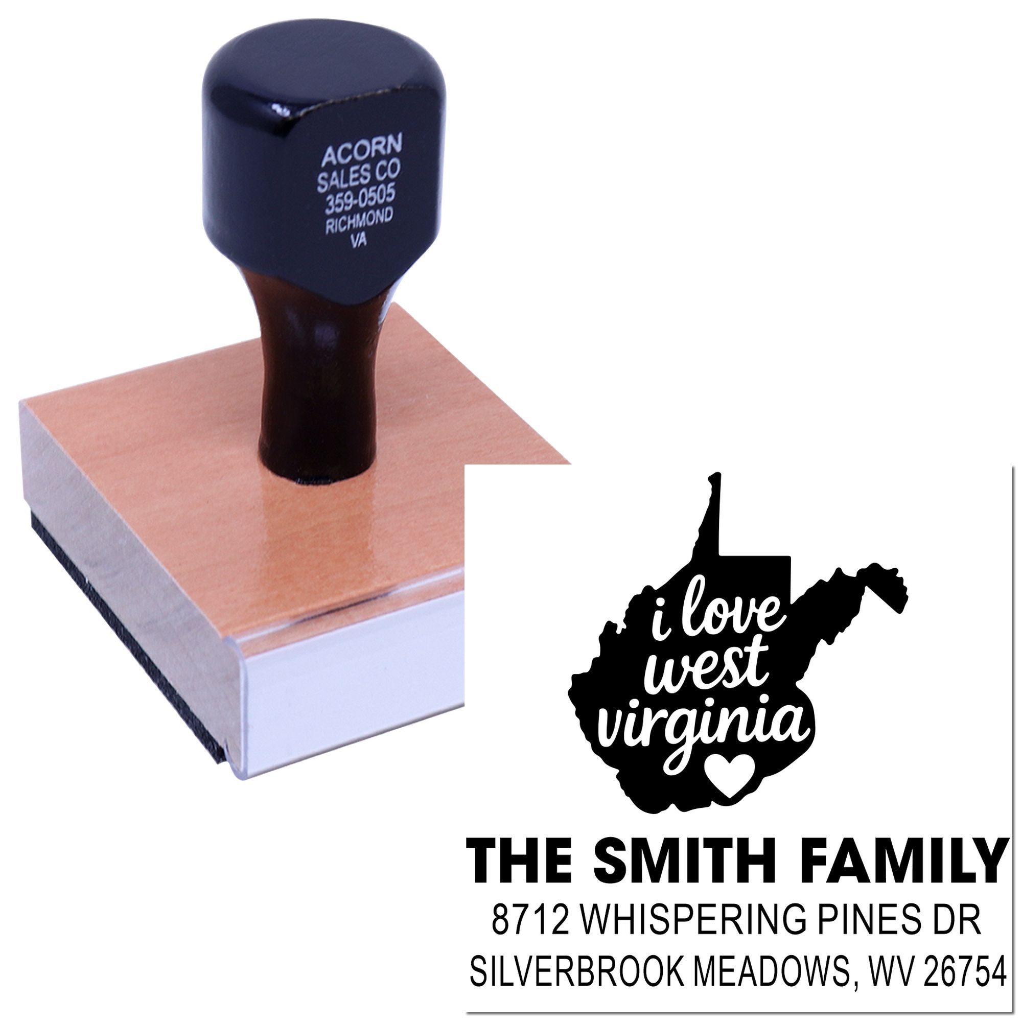 Custom address stamp with West Virginia I love West Virginia state design and Smith family address imprint on a white background.