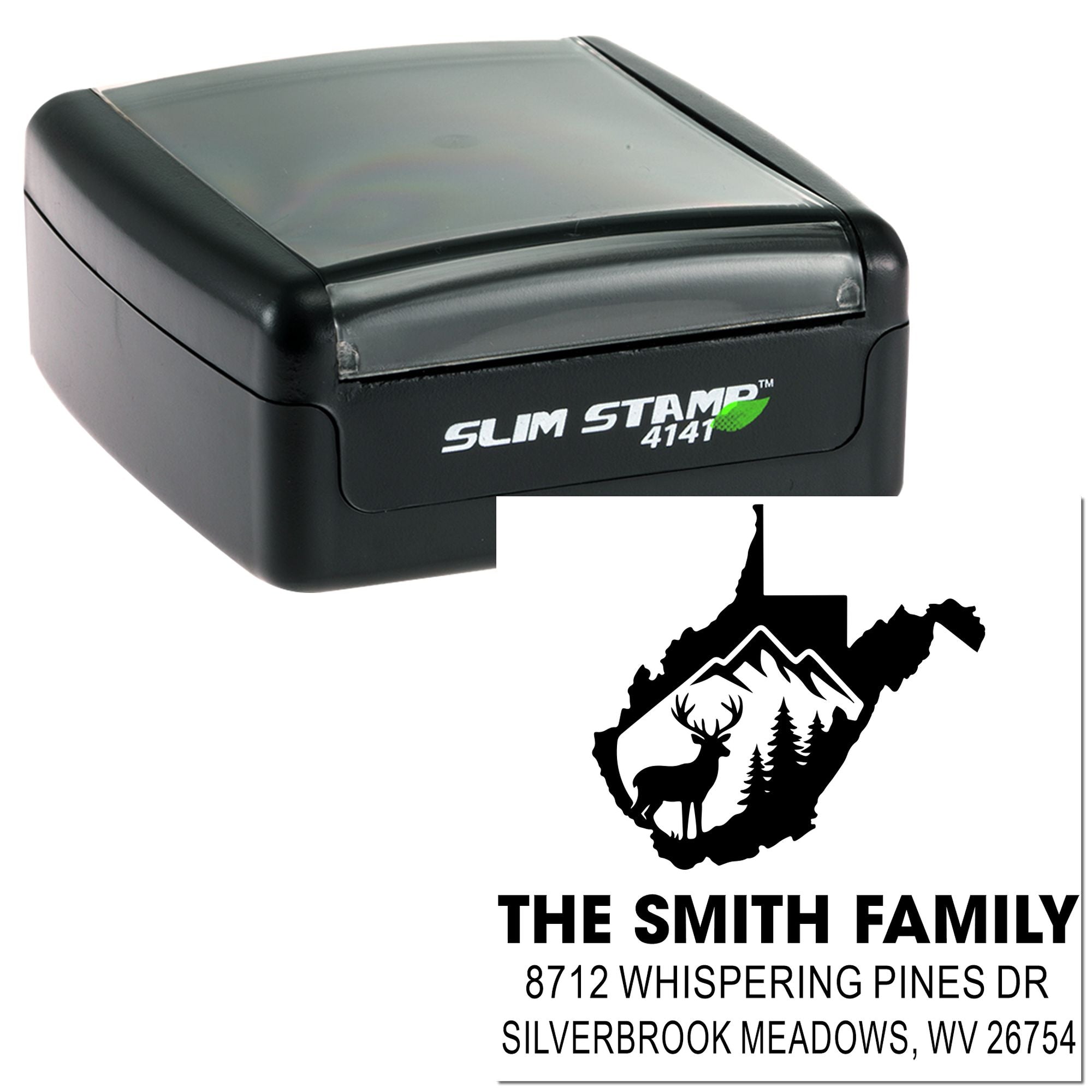 Self-inking Slim Stamp 4141 custom address stamp with West Virginia family imprint, deer, mountains and pine trees.