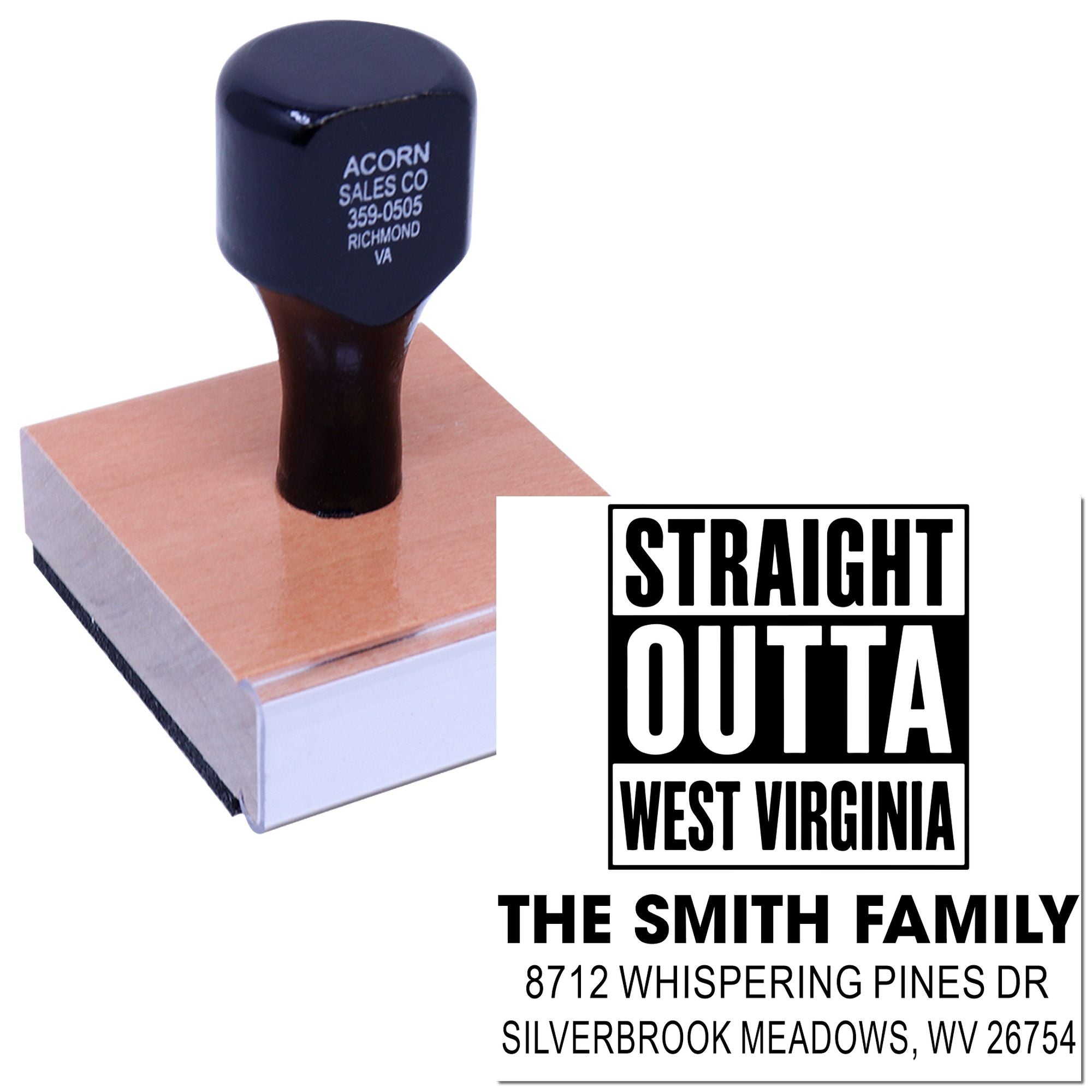 Custom self-inking address stamp for The Smith Family, imprinting Straight Outta West Virginia with return address on paper.