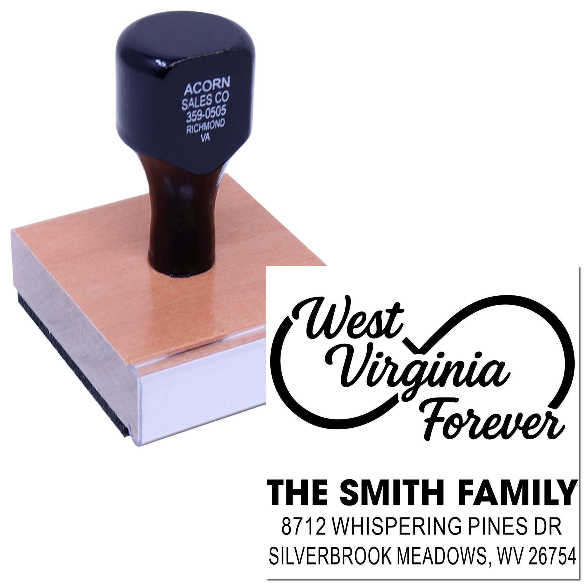 Custom rubber address stamp showcasing West Virginia Forever and Smith family return address on a wooden block, isolated on white background.