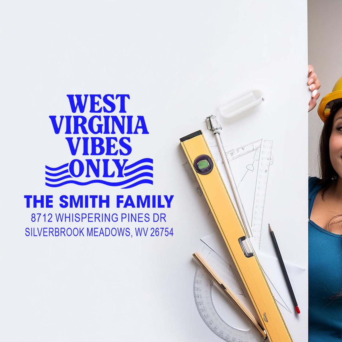 West Virginia Vibes Only custom address stamp for The Smith Family, beside drafting tools, ruler, pencil and level on a white background.