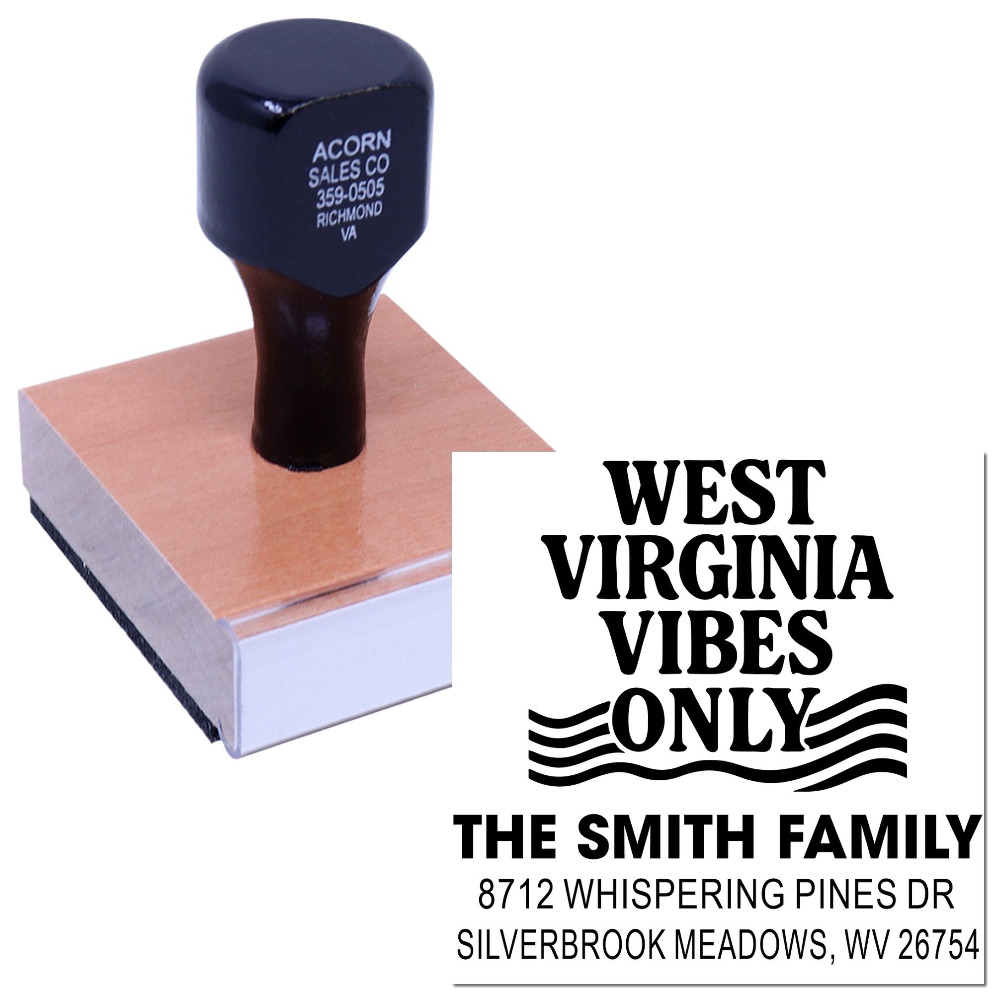Custom self-inking address stamp with West Virginia Vibes Only and The Smith Family address imprint on a wooden mount, shown on white background.
