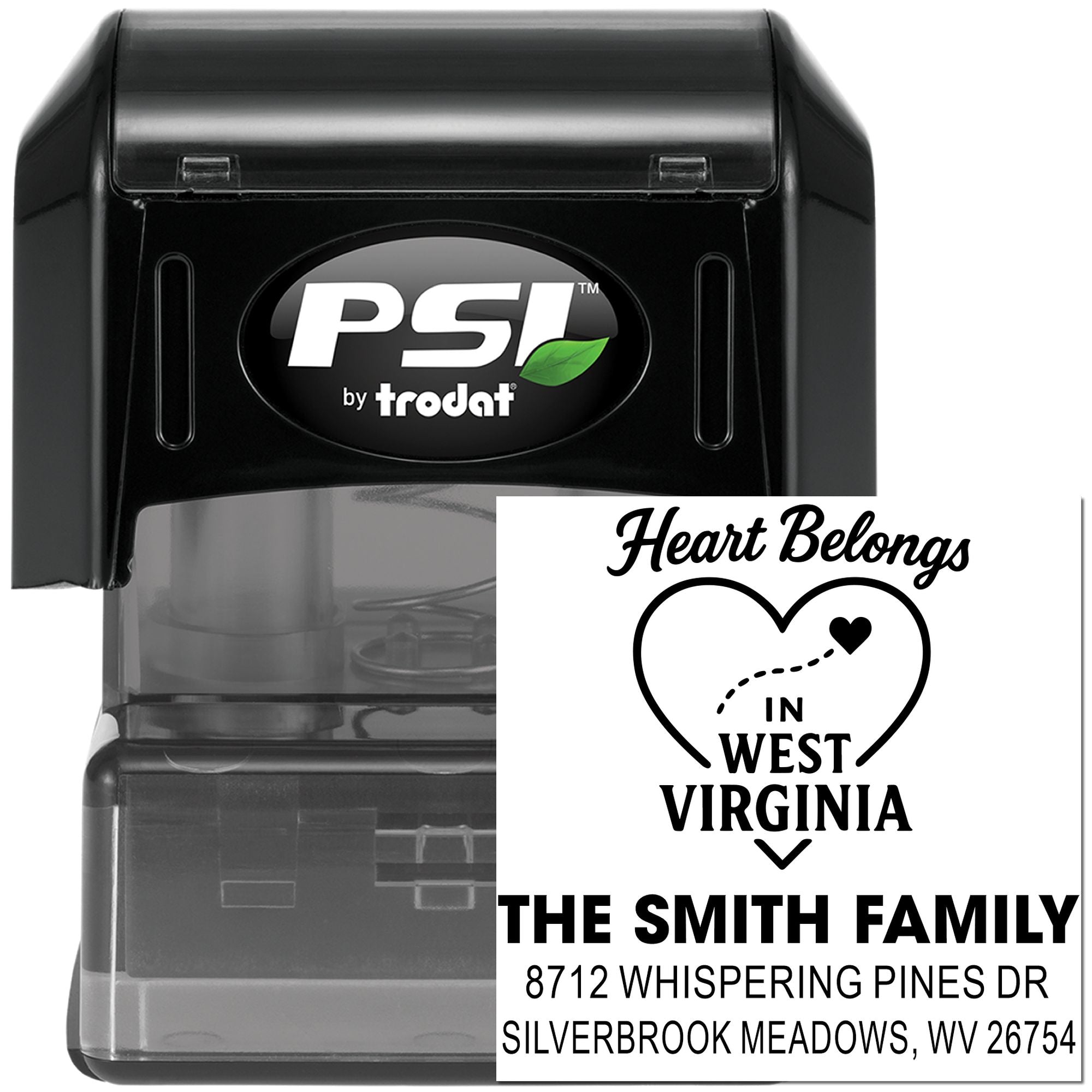 PSI by Trodat self-inking custom address stamp with heart design, West Virginia family name and address, shown in black stamp case on white background.