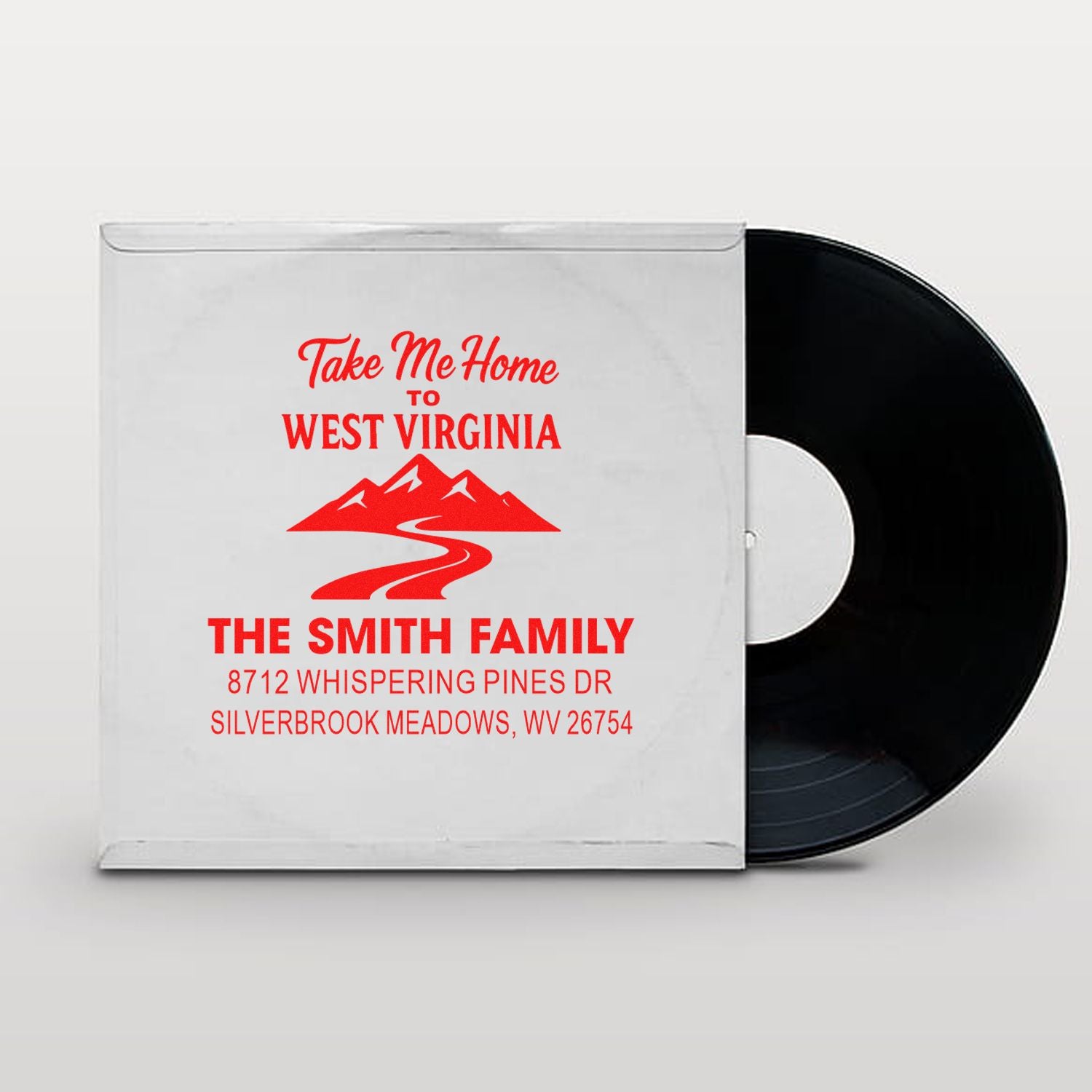 Personalized West Virginia return address stamp with mountain road design, Smith family name, and custom address on white packaging.