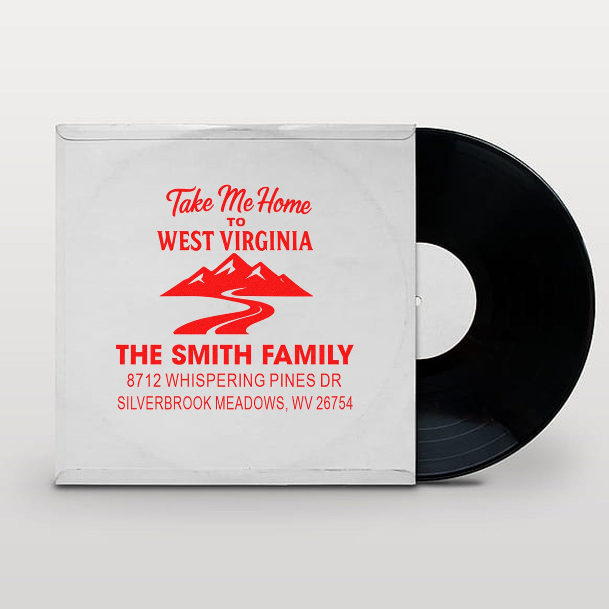 Custom return address stamp for The Smith Family, Take Me Home to West Virginia, with mountain road graphic and home address.