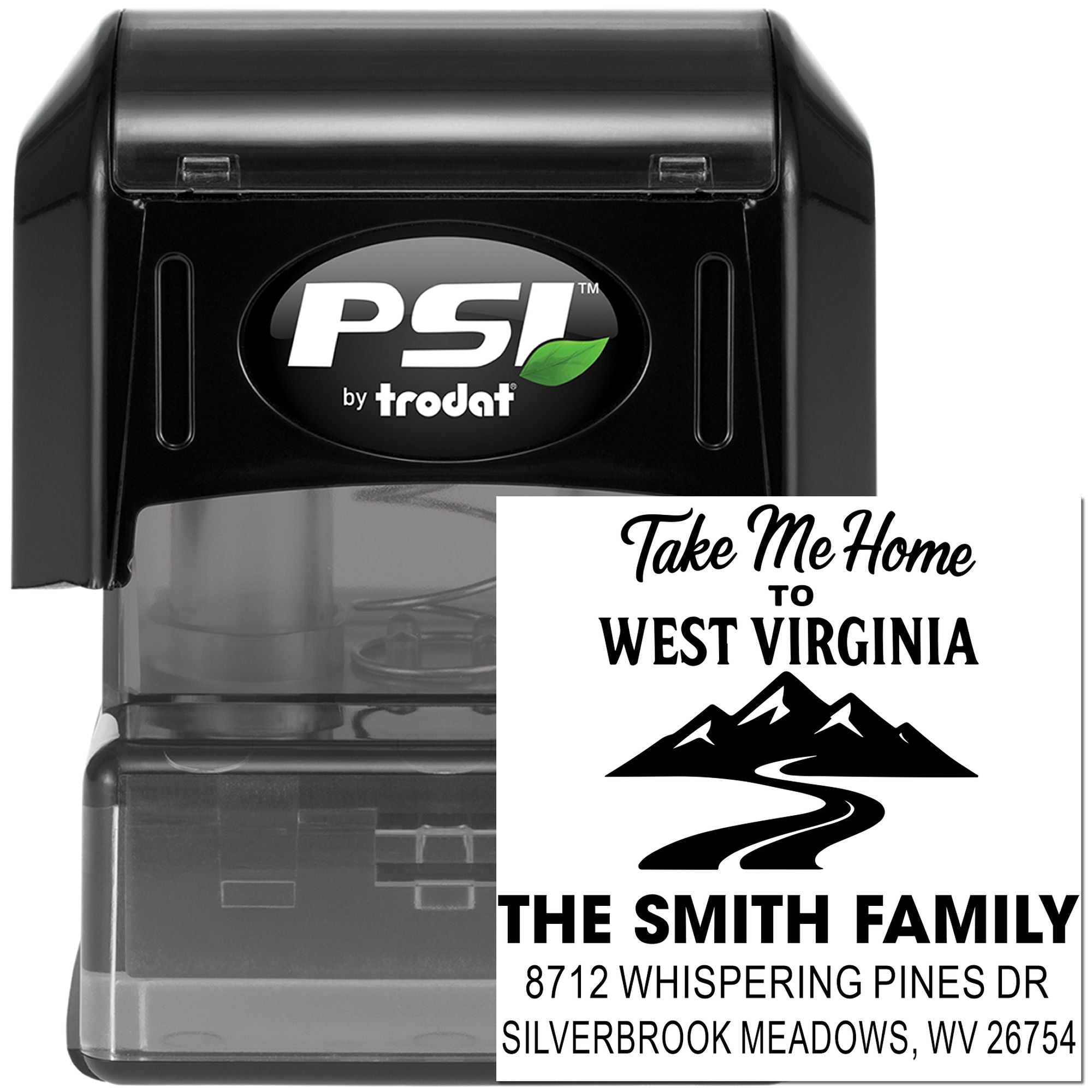 Custom self-inking address stamp with West Virginia mountain design for The Smith Family, featuring home address and PSI by trodat case.