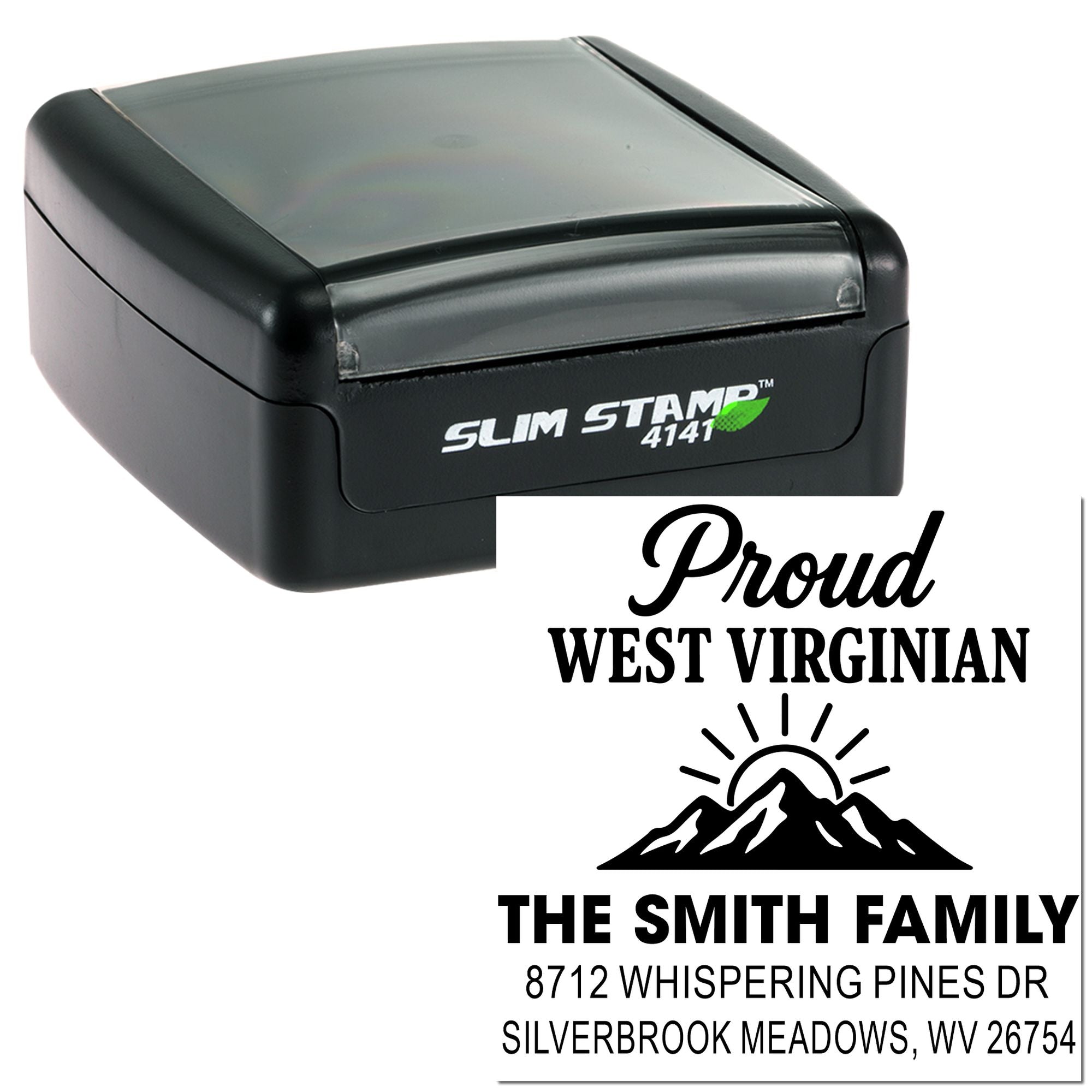 Slim Stamp 4141 self-inking address stamp with Proud West Virginian family return address design and mountain logo on a white background.