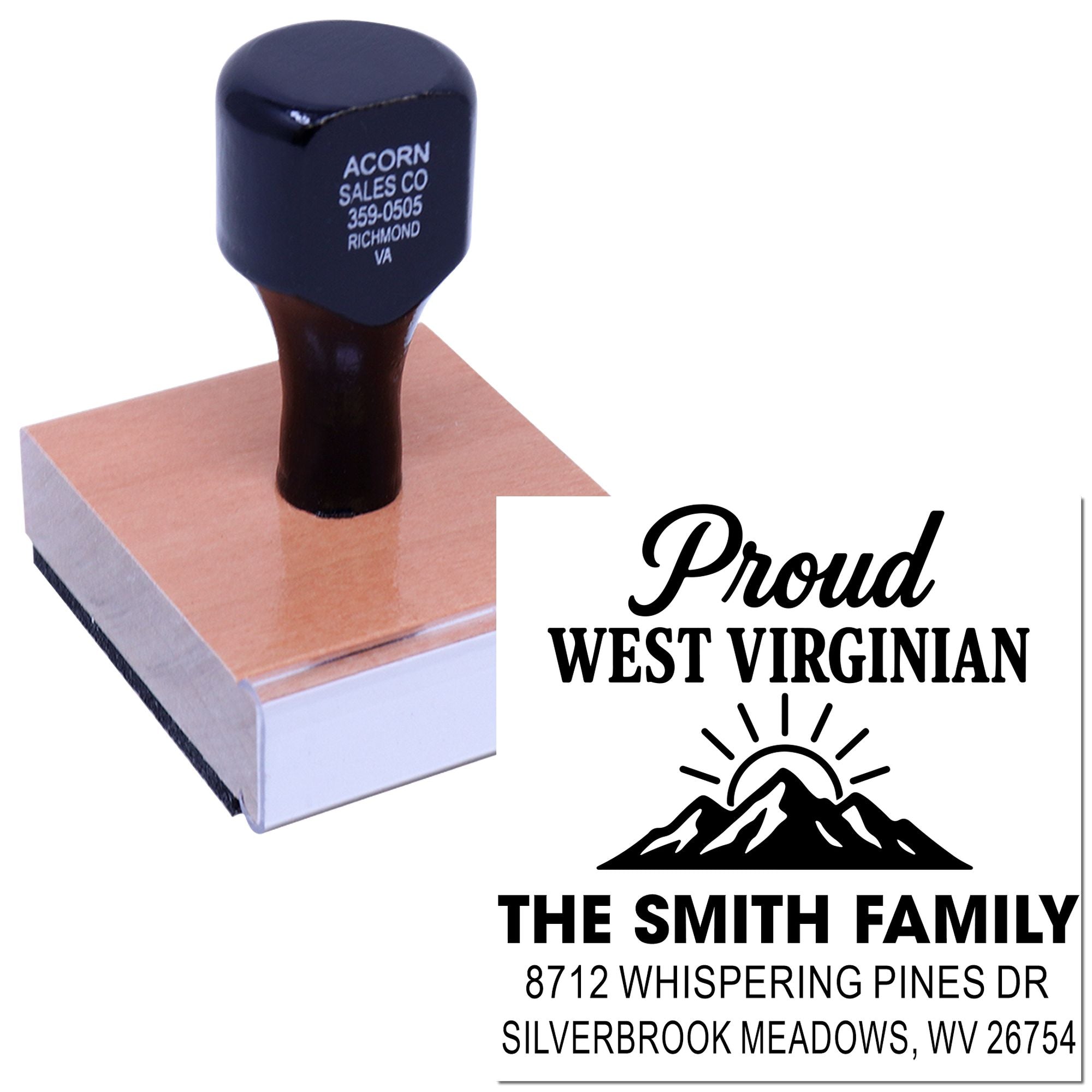 Custom rubber stamp with Proud West Virginian design and The Smith Family address, shown on a white background with stamp impression.