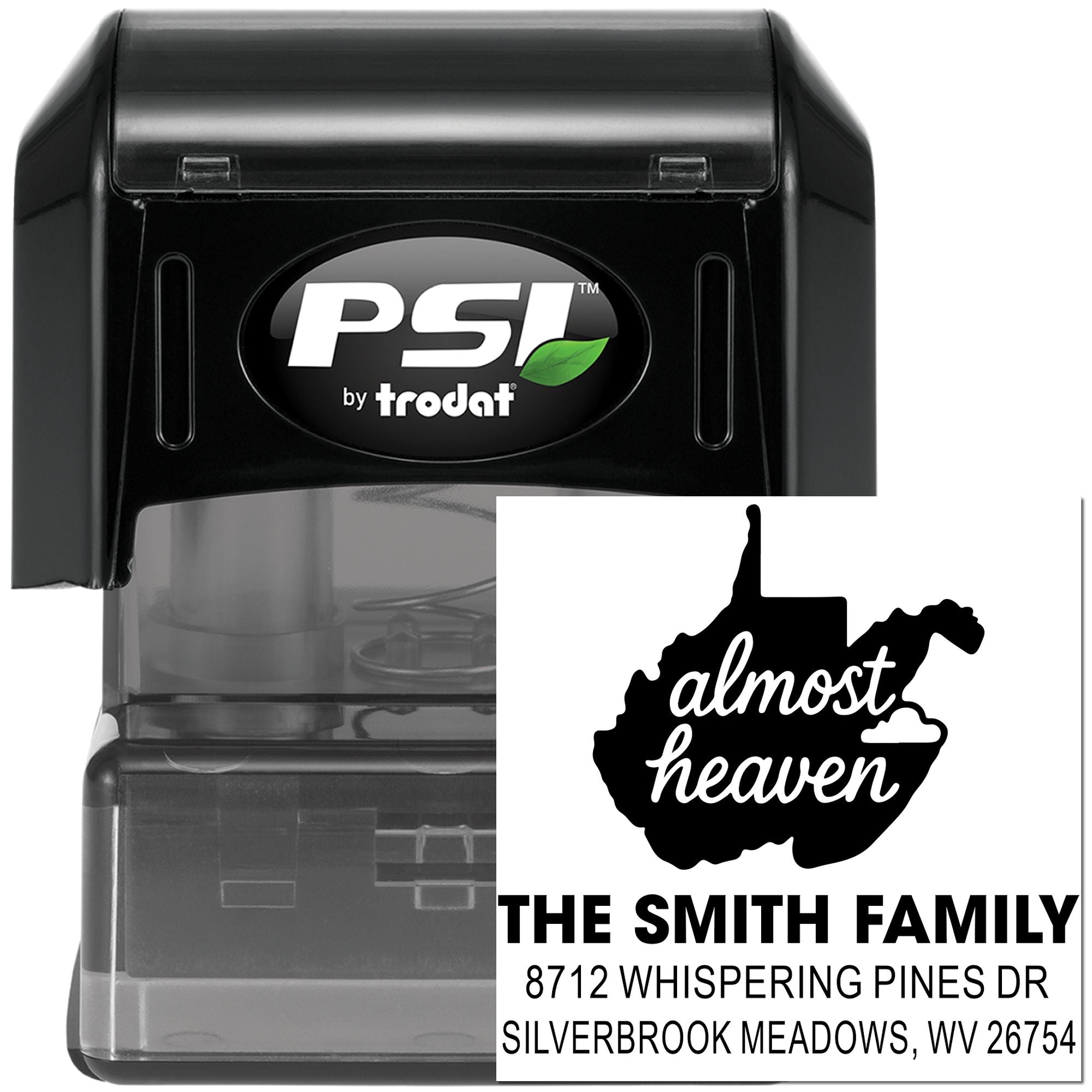 PSI by Trodat self-inking address stamp with West Virginia almost heaven design and The Smith Family return address.