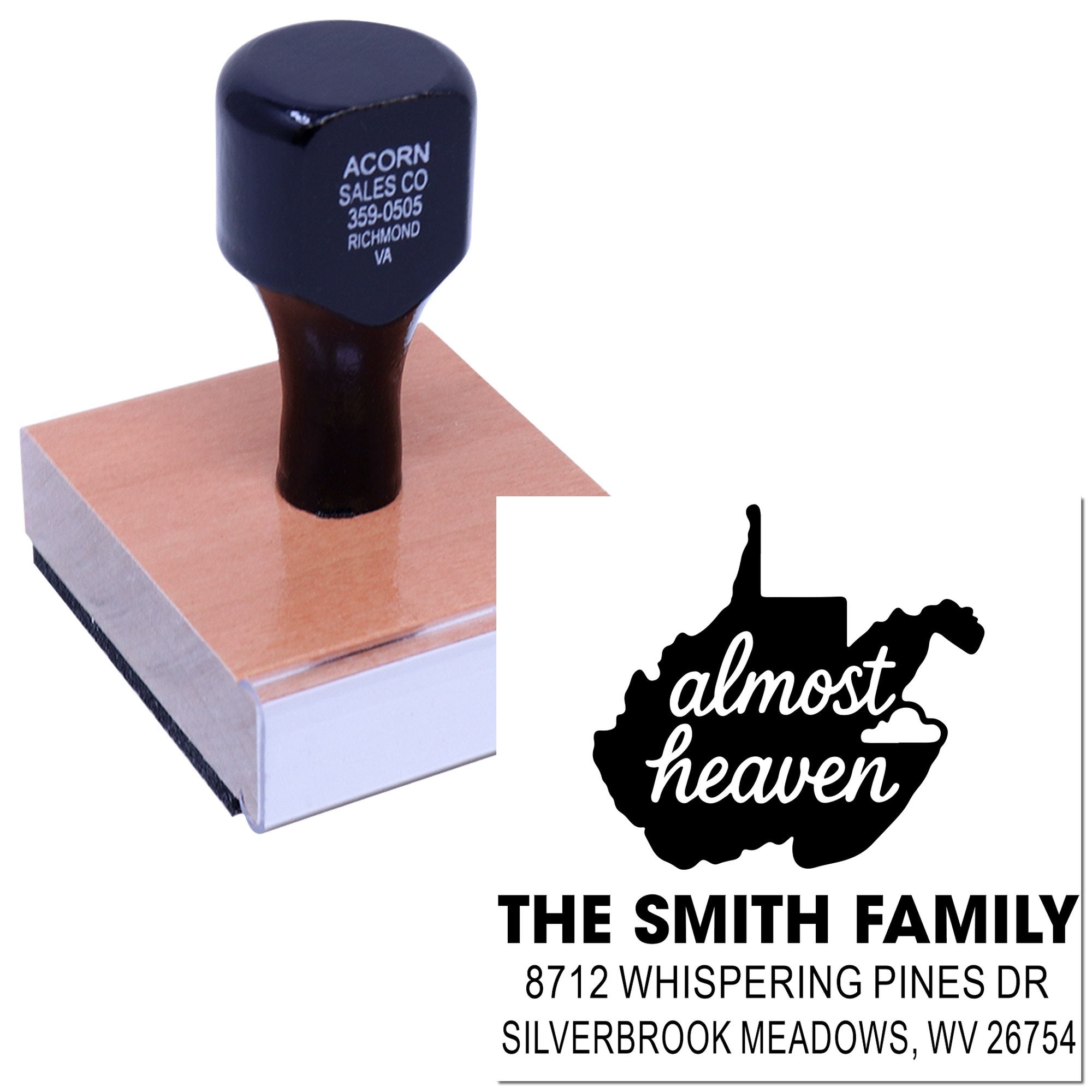 Custom rubber address stamp with West Virginia almost heaven design and The Smith Family return address on a white background.