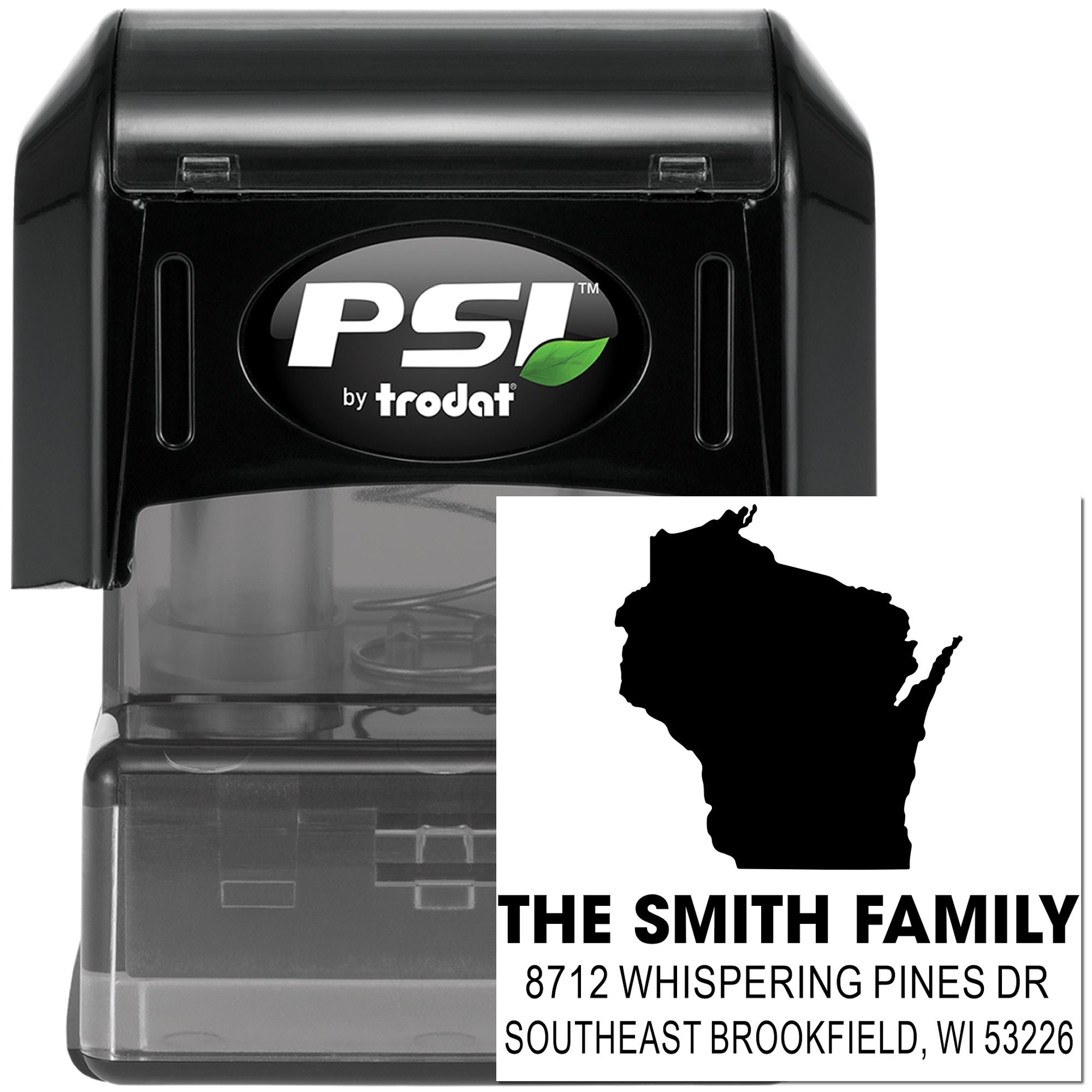 PSI by Trodat self-inking custom address stamps, including a black stamp and Wisconsin family return address stamp with state silhouette.