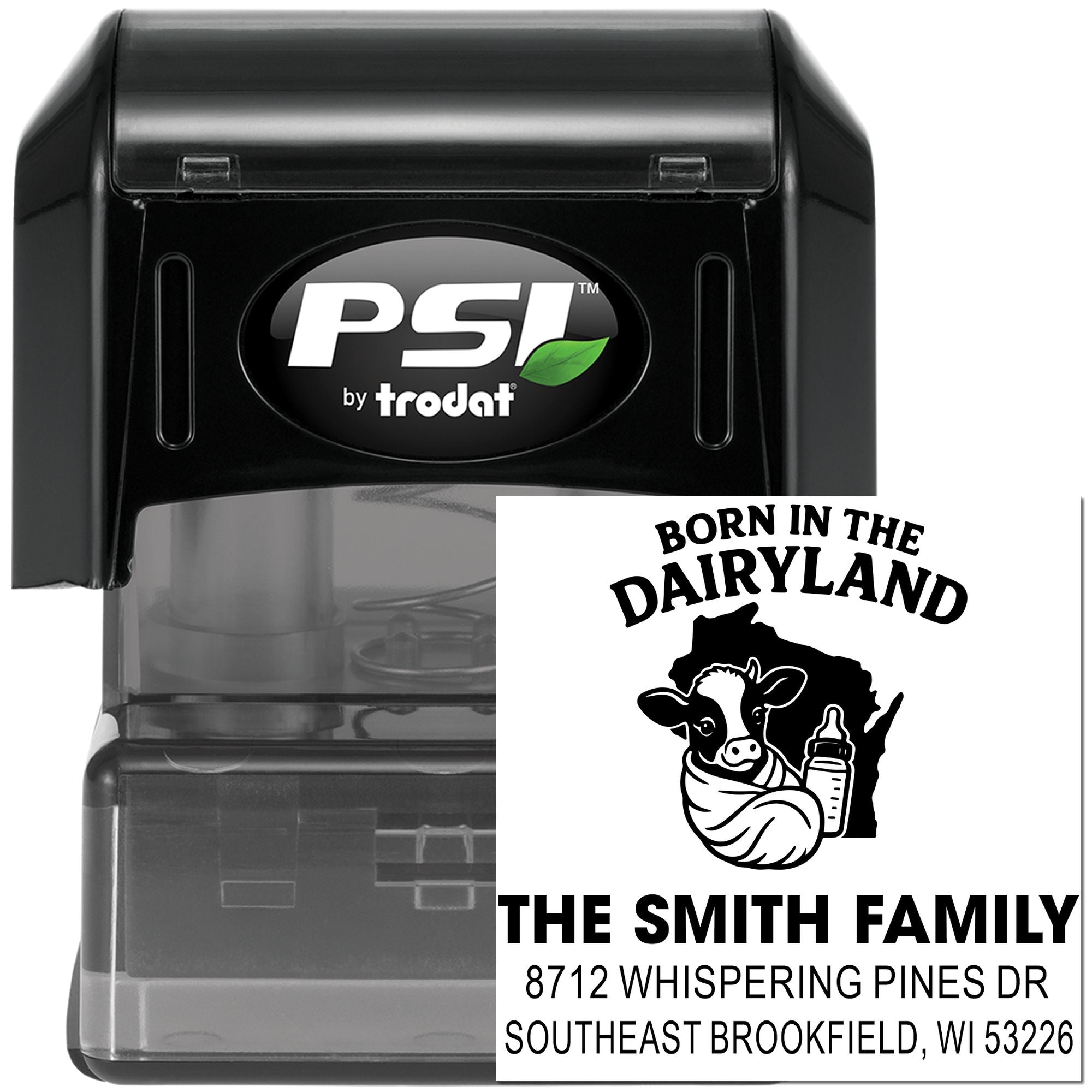 PSI by Trodat self-inking stamp with custom Born in Maryland cow design and Smith family address imprint on white background.