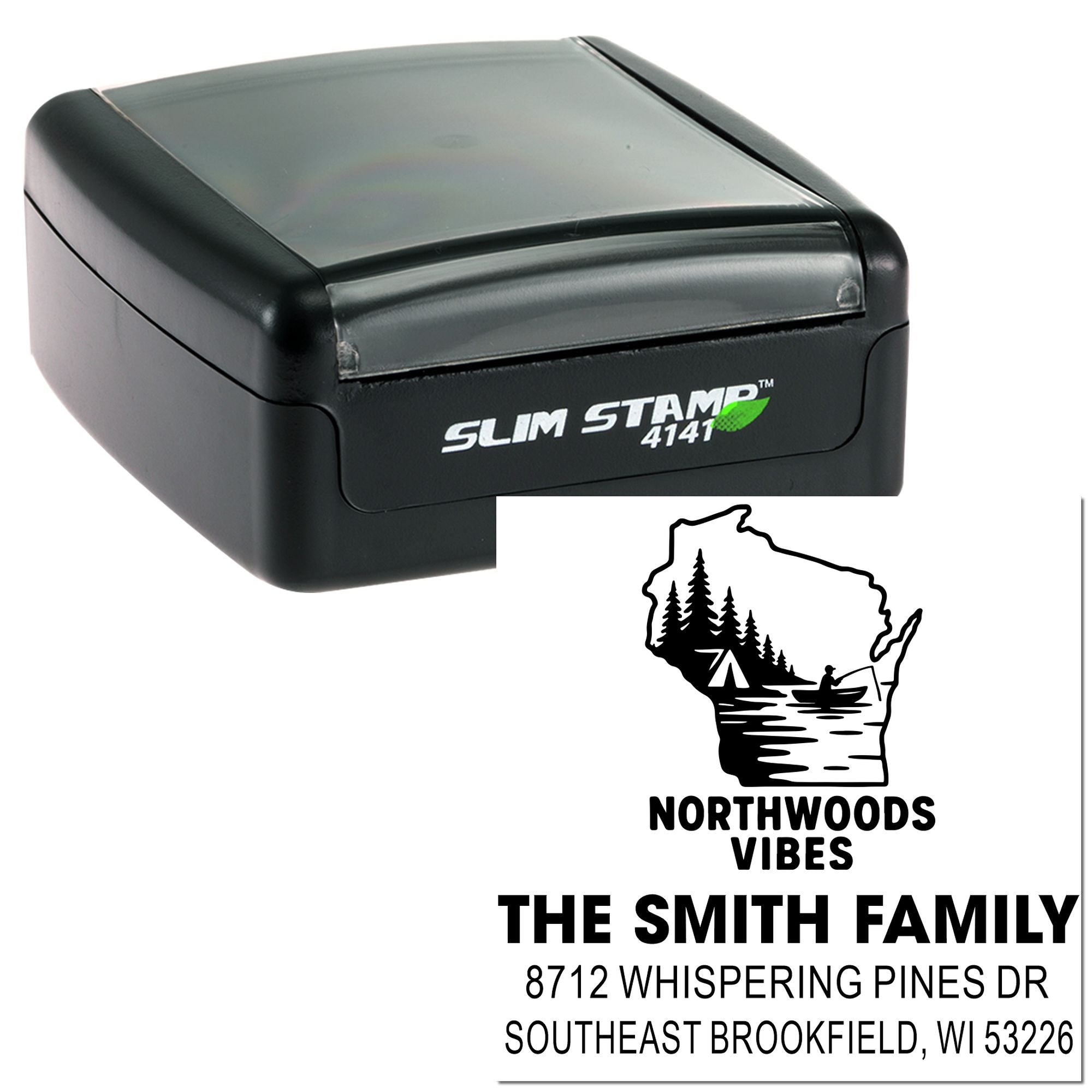 Self-inking Slim Stamp 4141 custom address stamp with Northwoods Vibes Wisconsin camping design and The Smith Family mailing address.