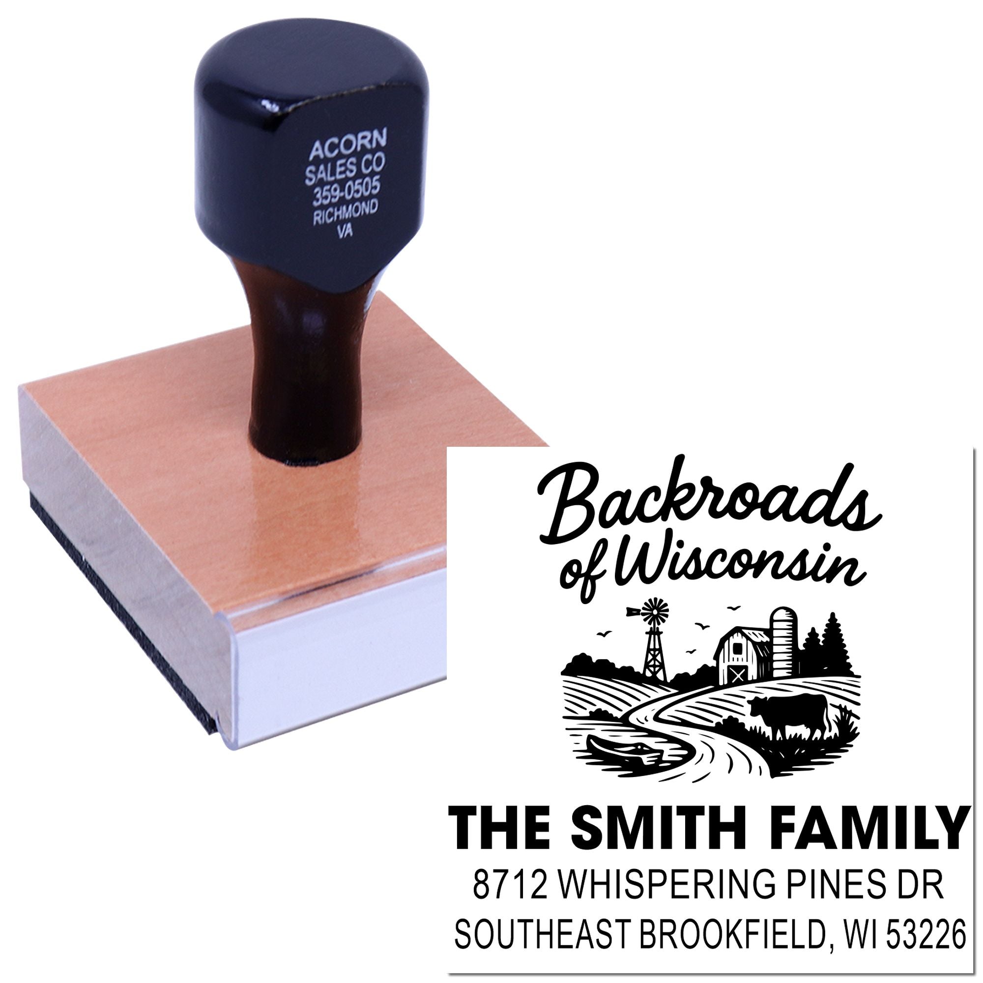 Custom rubber address stamp with Backroads of Wisconsin farm design and The Smith Family return address on a wooden stamp block.