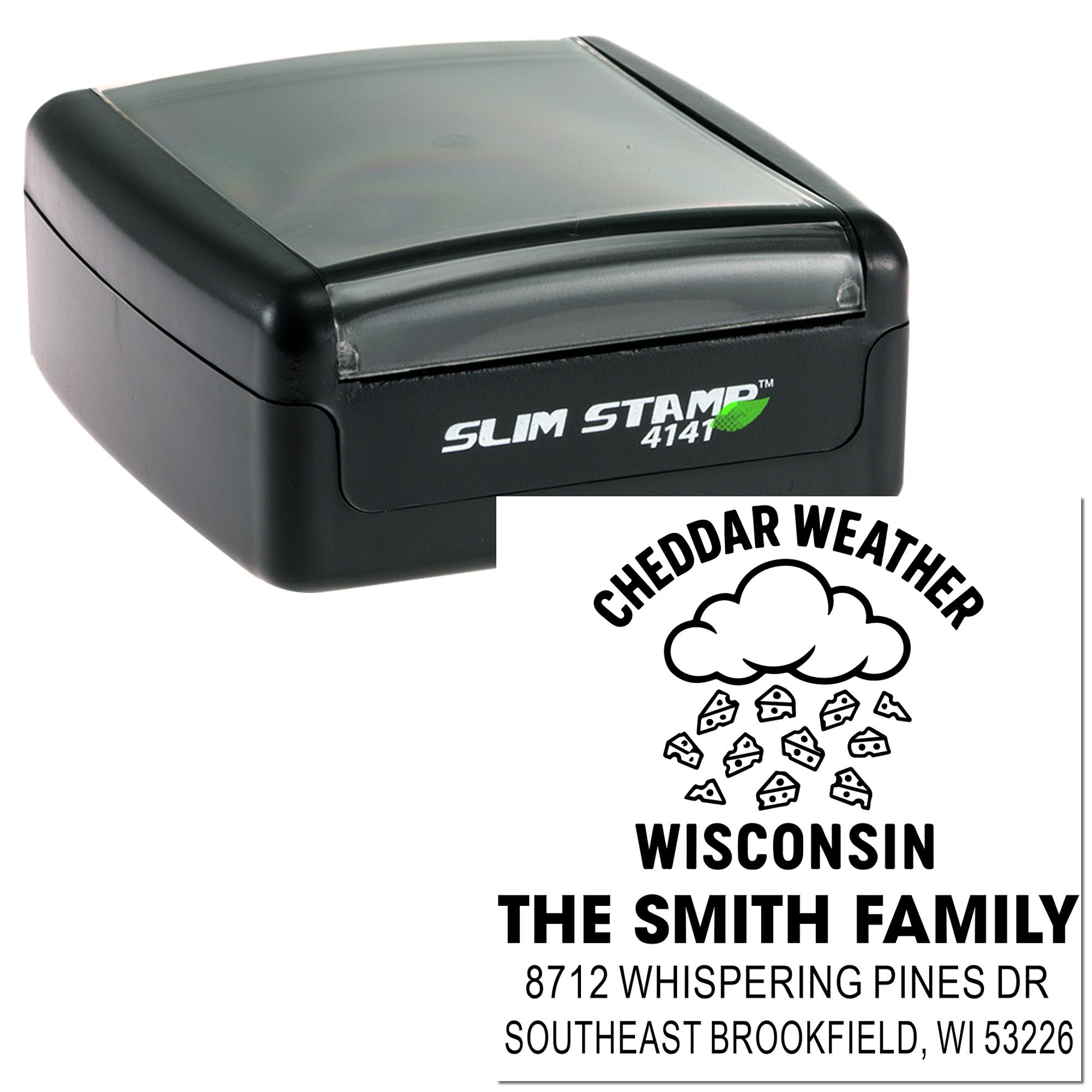 Custom Slim Stamp self-inking address stamp with Cheddar Weather Wisconsin design and The Smith Family address imprint on a white background.
