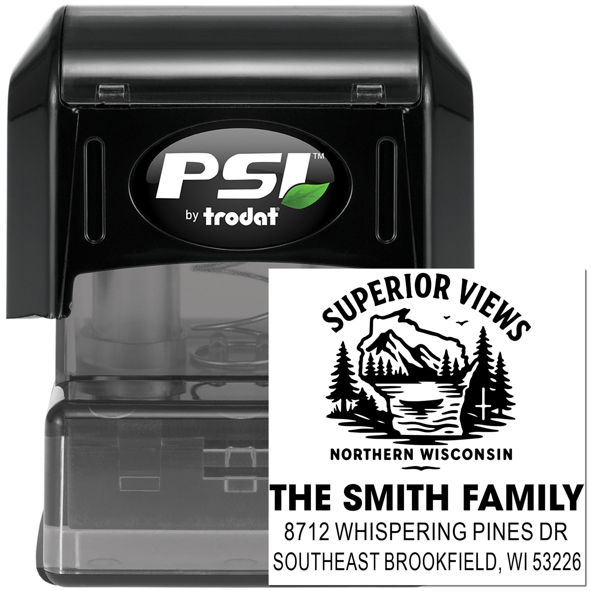 Custom PSI by Trodat self-inking address stamp with Northern Wisconsin family return address and mountain lake logo on a black stamp body.