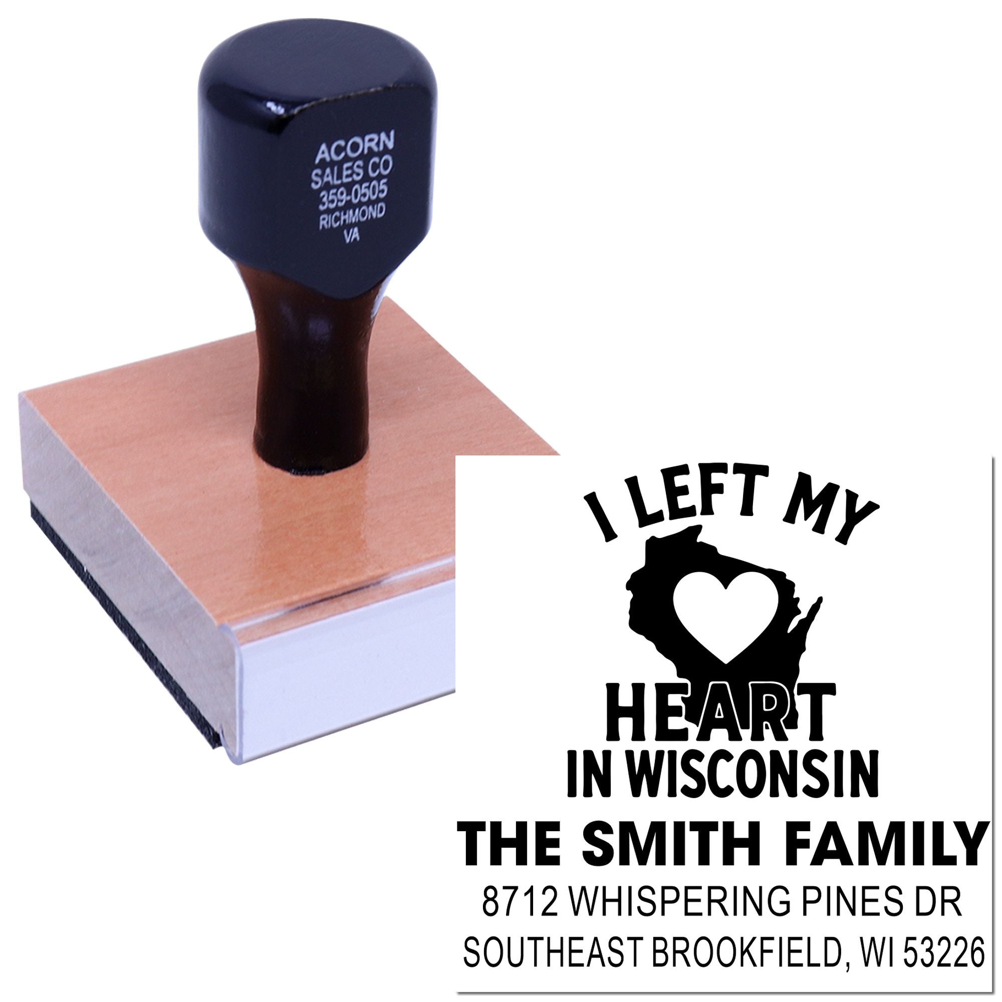 Personalized self-inking rubber stamp with I Left My Heart in Wisconsin design, family name and address, shown on an ink pad.