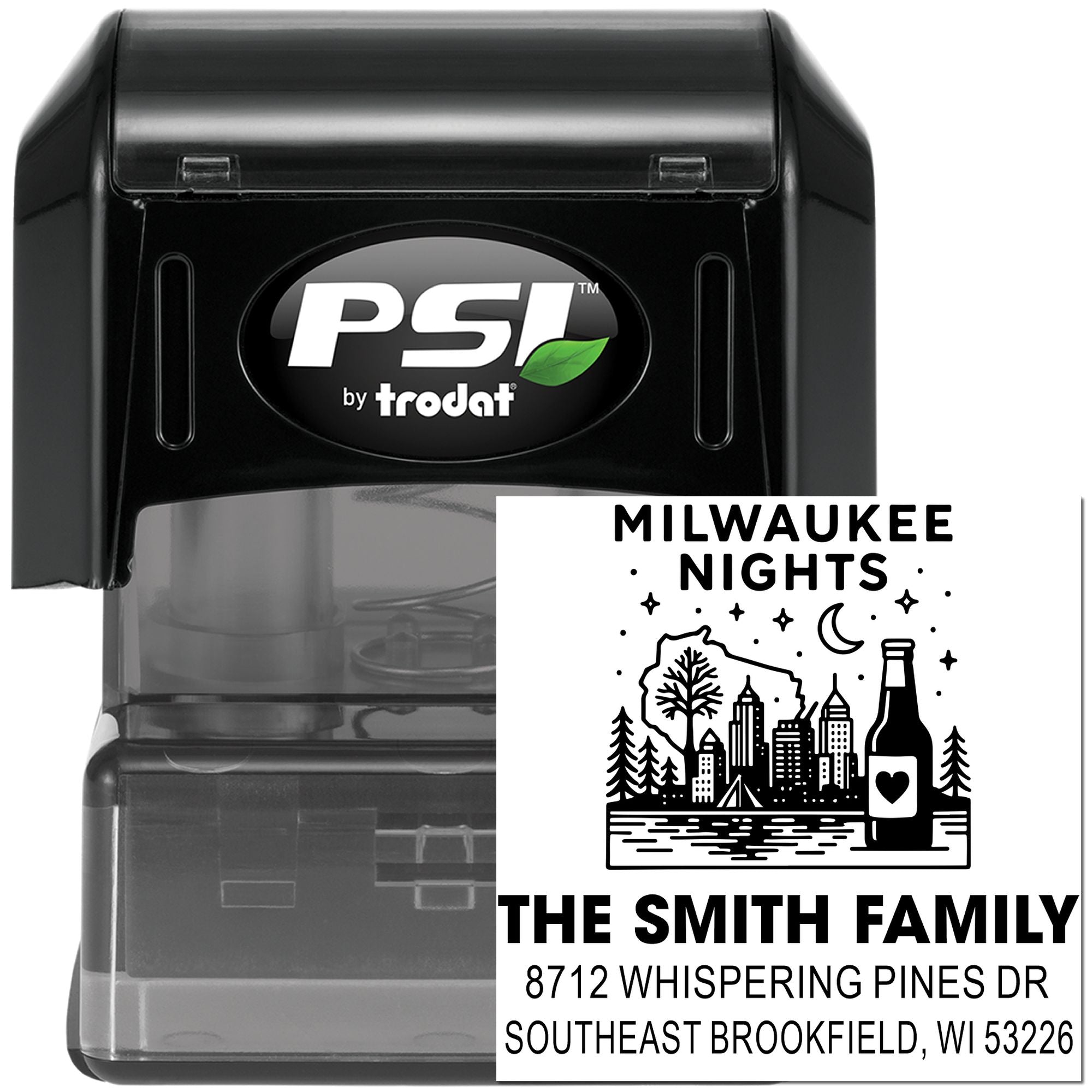 Self-inking PSI by Trodat custom address stamp featuring Milwaukee Nights design, The Smith Family, and return address on a white background.