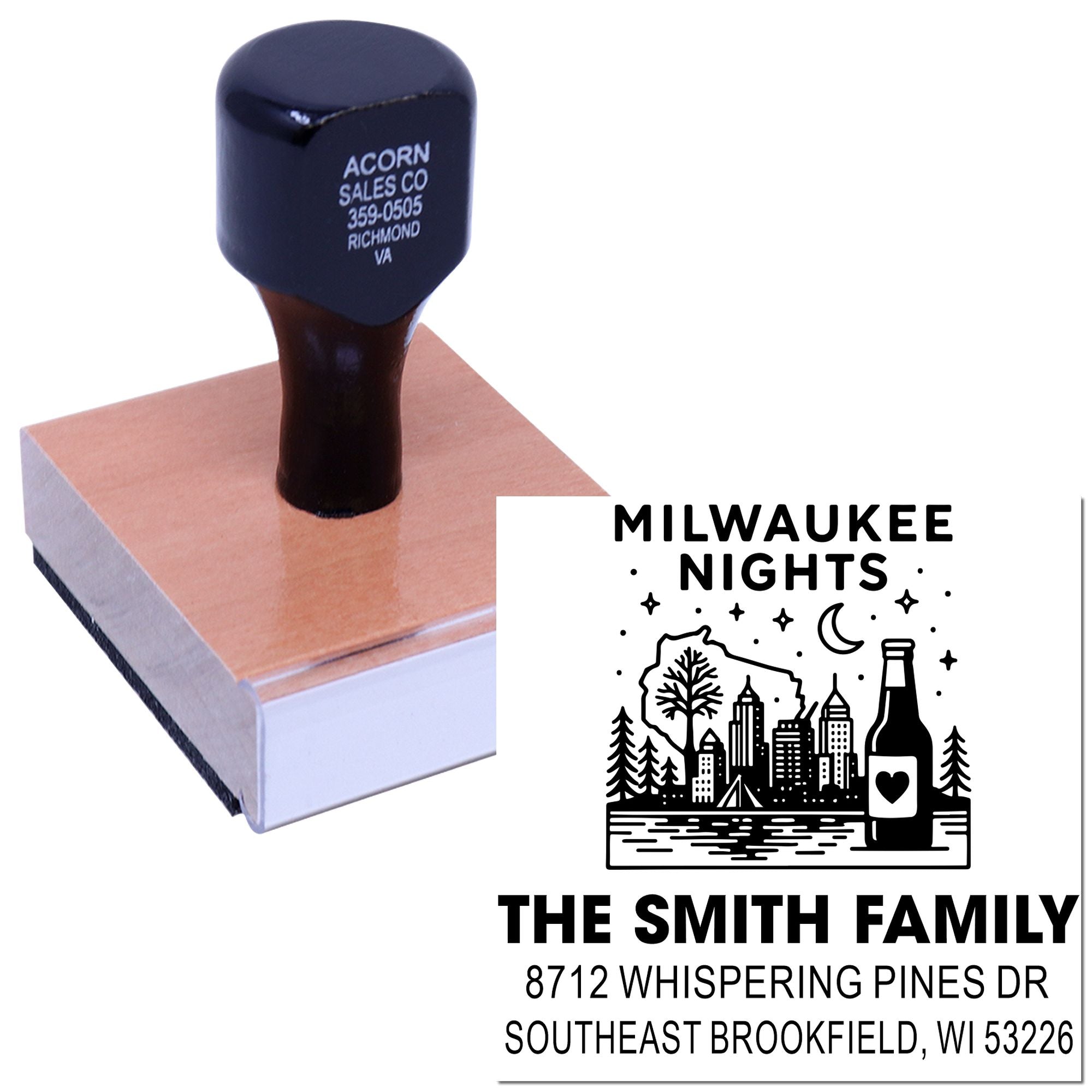Custom rubber address stamp on block with Milwaukee Nights design and The Smith Family address, shown beside stamped impression.
