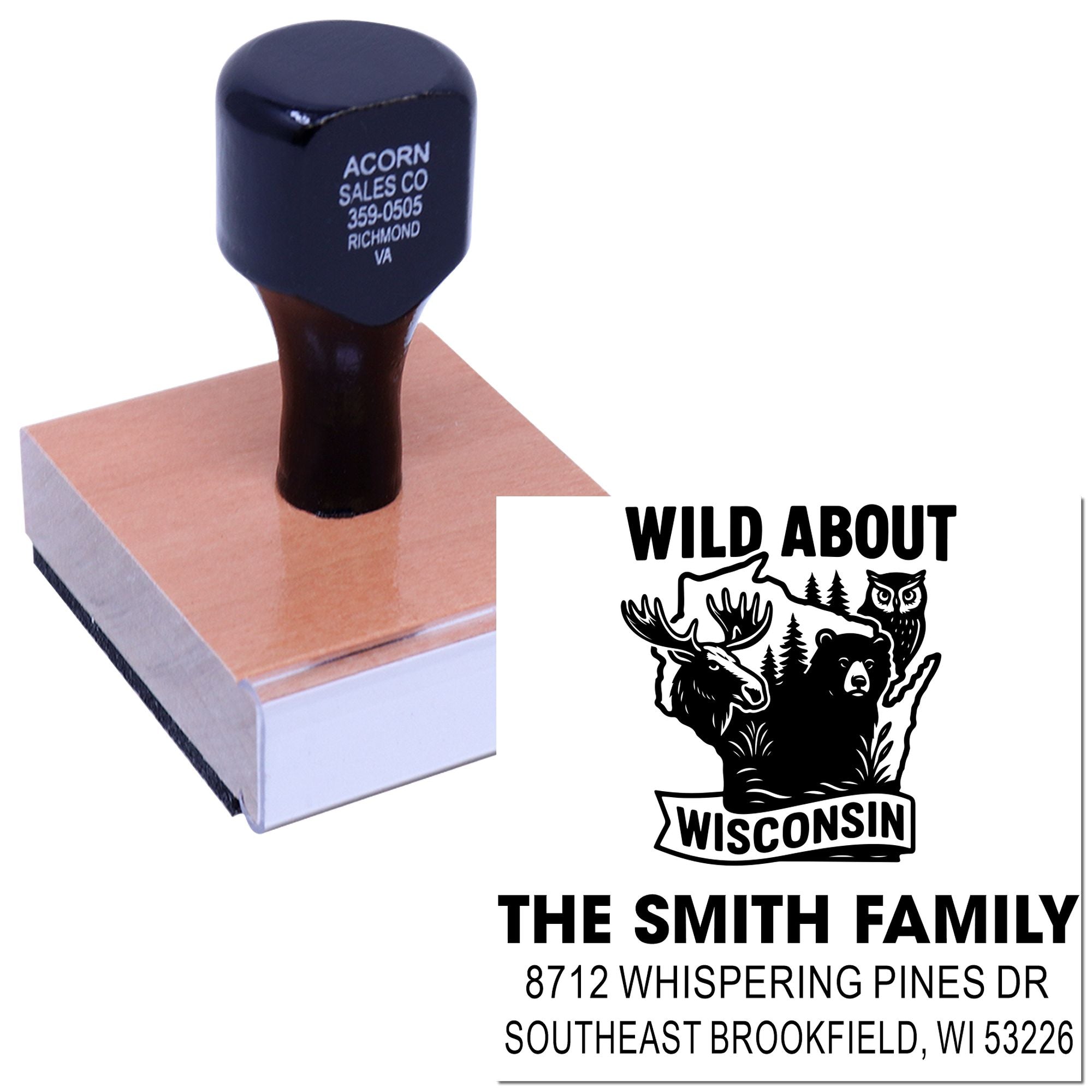 Custom rubber address stamp on a wooden block, shown on a white background with Wisconsin wildlife design for The Smith Family.