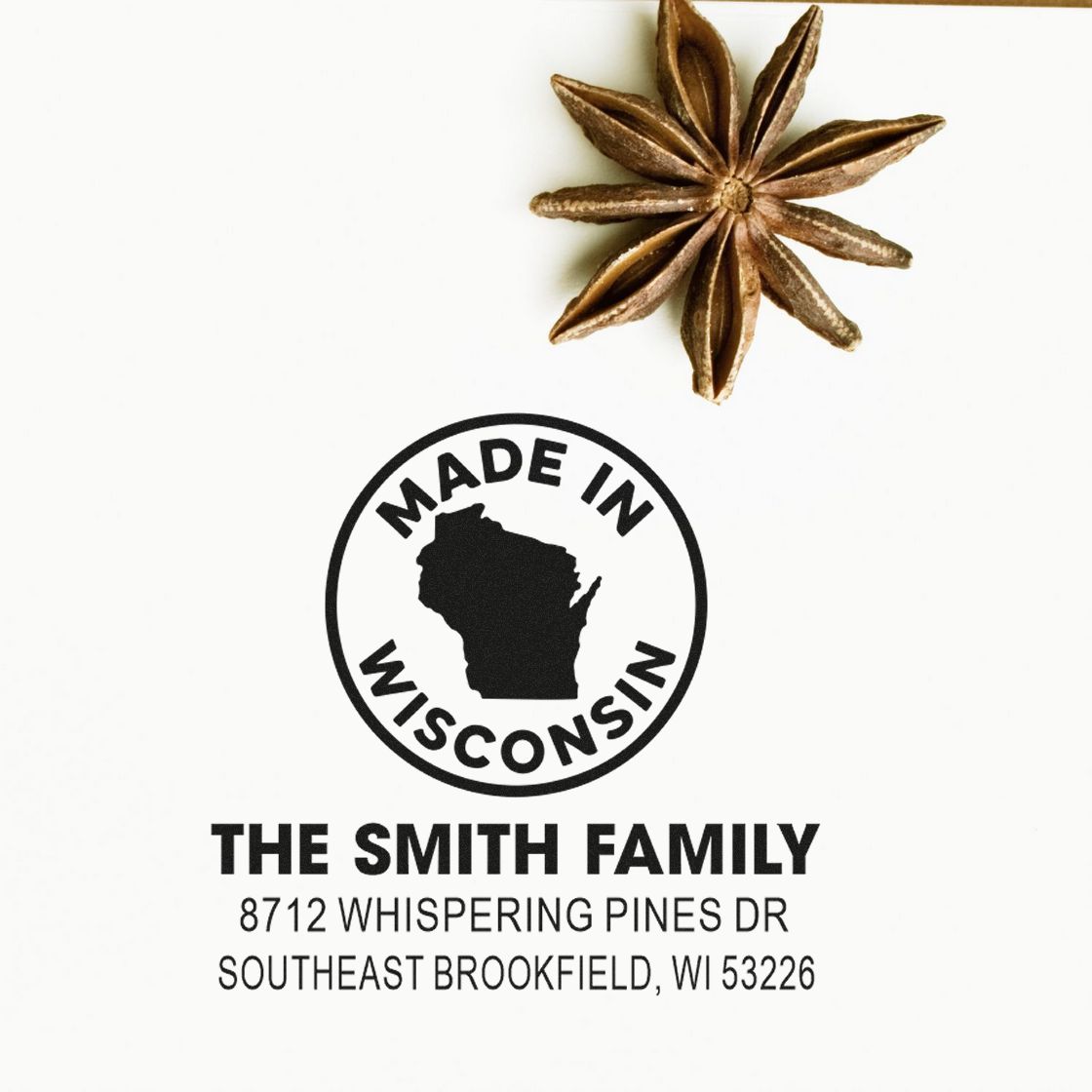 Custom return address stamp with star anise, Made in Wisconsin seal, and The Smith Family address in Southeast Brookfield.