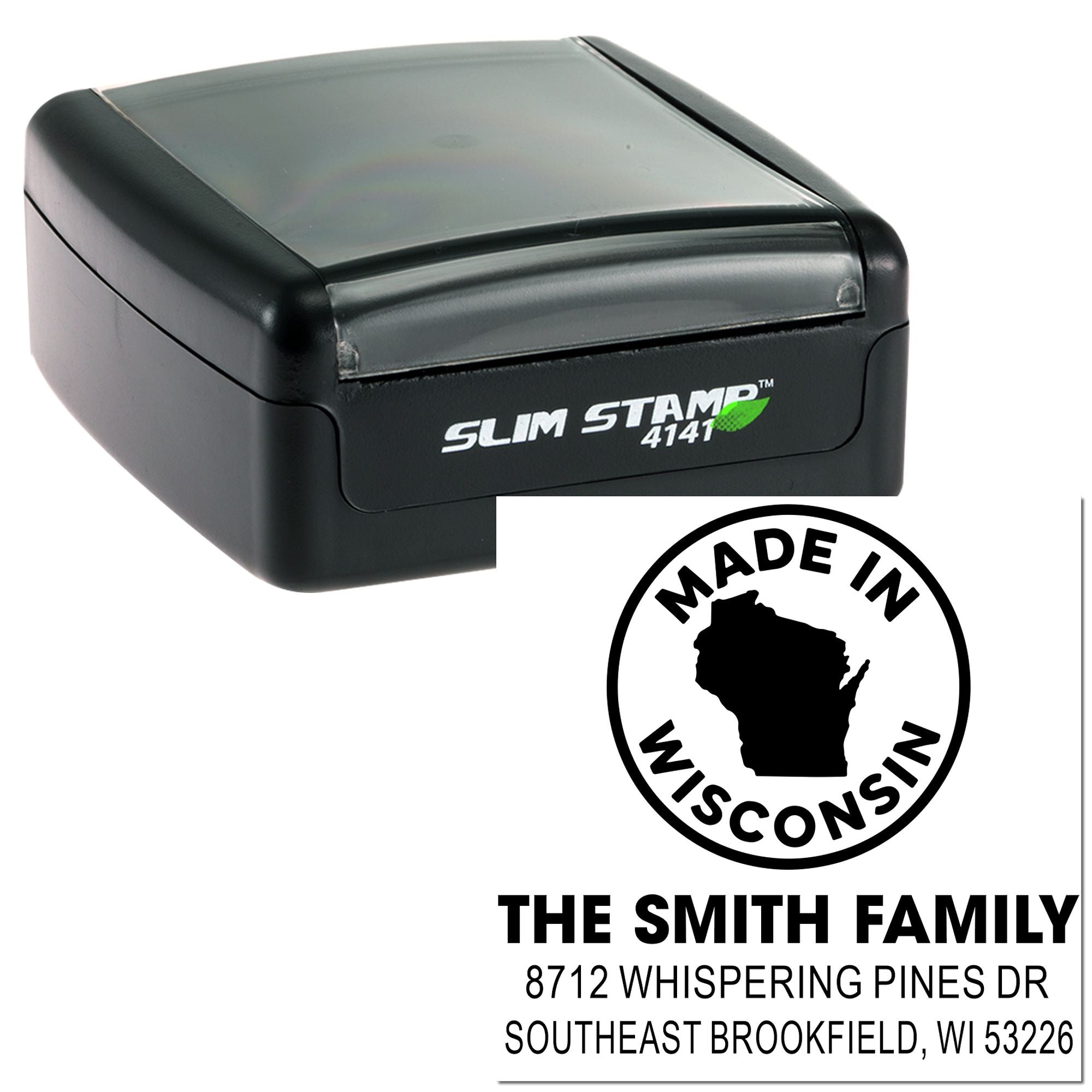 Self-inking Slim Stamp 4141 with Wisconsin return address imprint for The Smith Family, featuring a Wisconsin state silhouette.