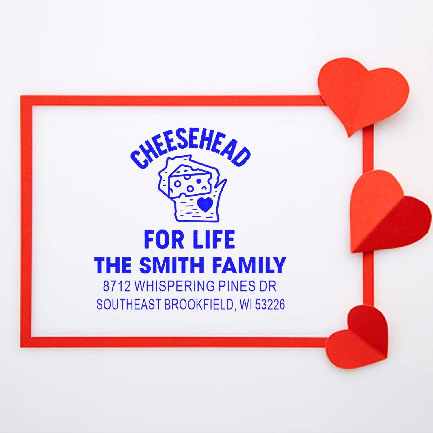 Custom cheesehead family address stamp with red heart accents, featuring Cheesehead for Life text on a white background.