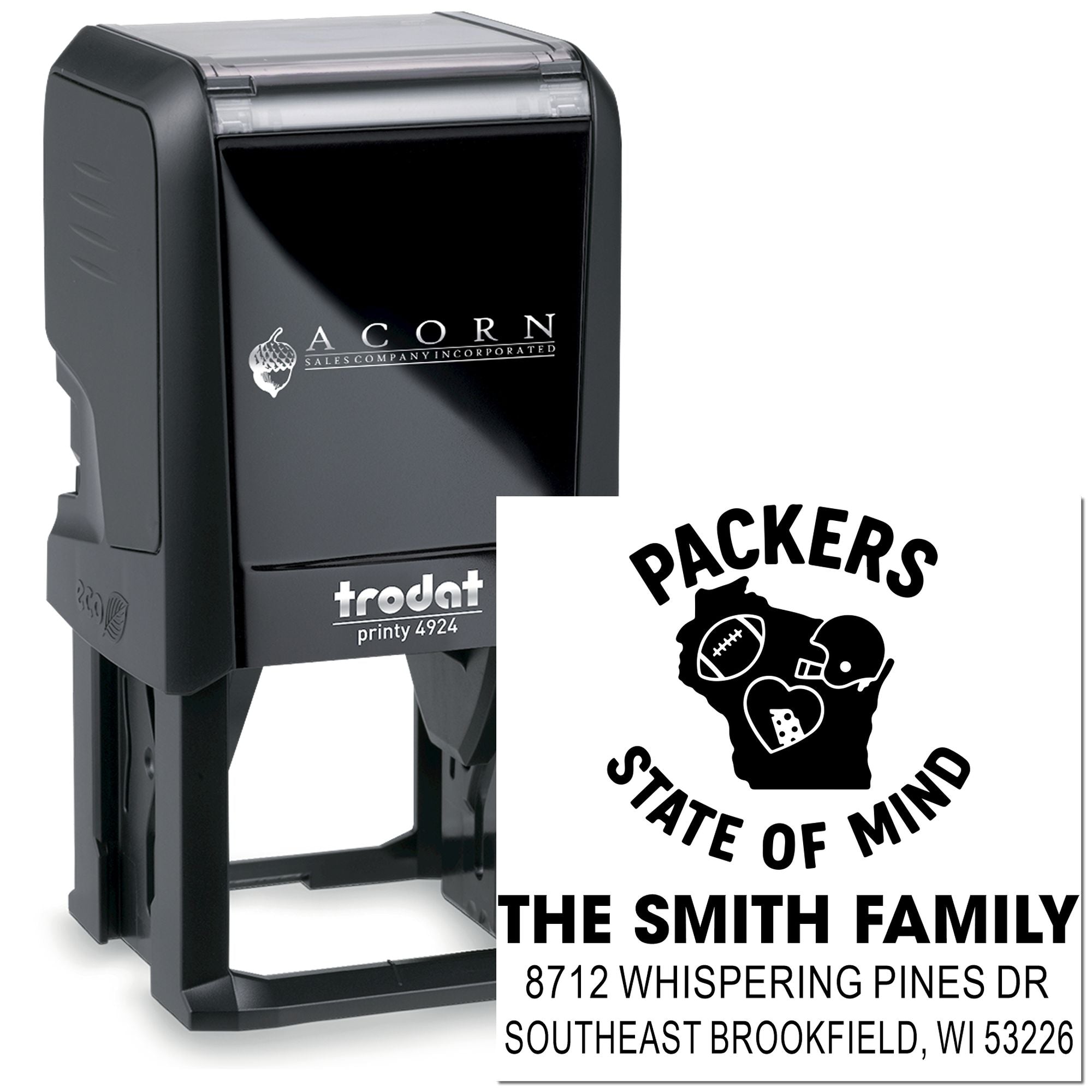Custom self-inking Trodat Printy 4924 stamp for Packers fans, featuring family name, address, and football-themed design on white background.