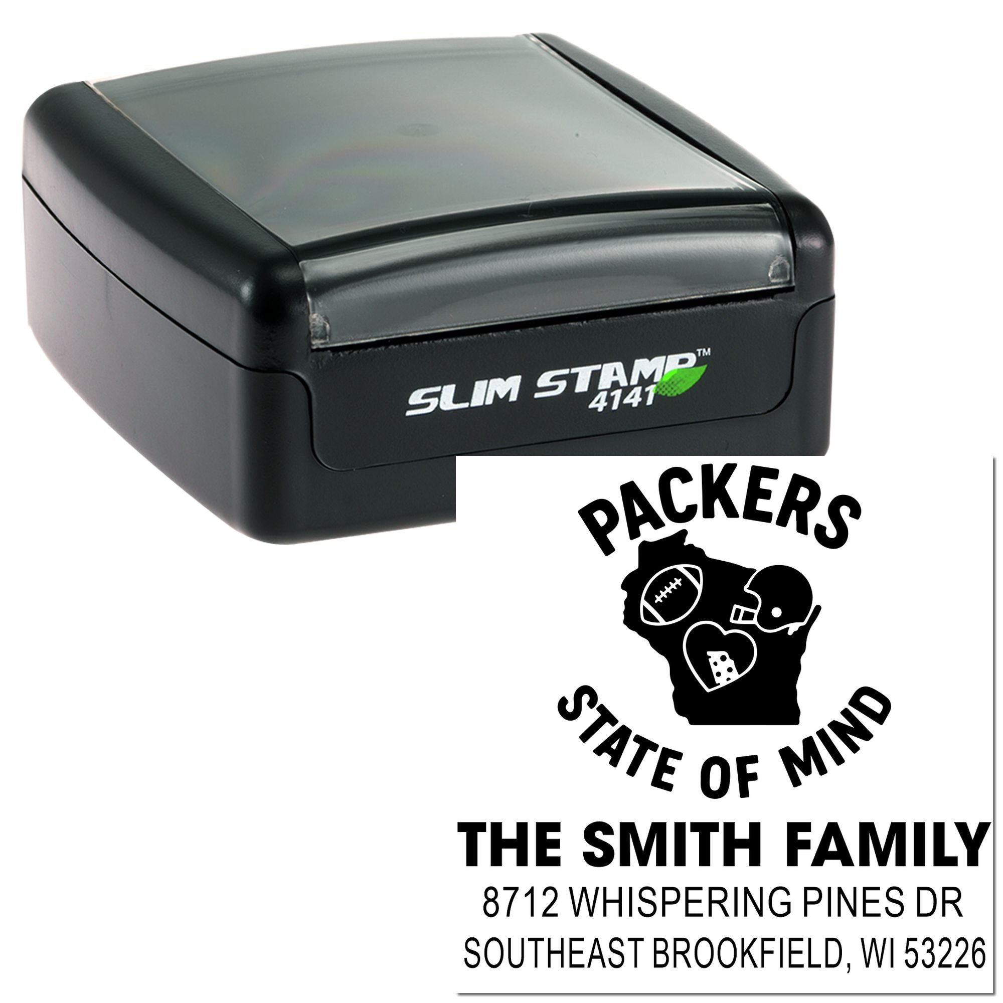 Custom self-inking Slim Stamp 4141 with Packers State of Mind design and Smith family return address imprint on white background.