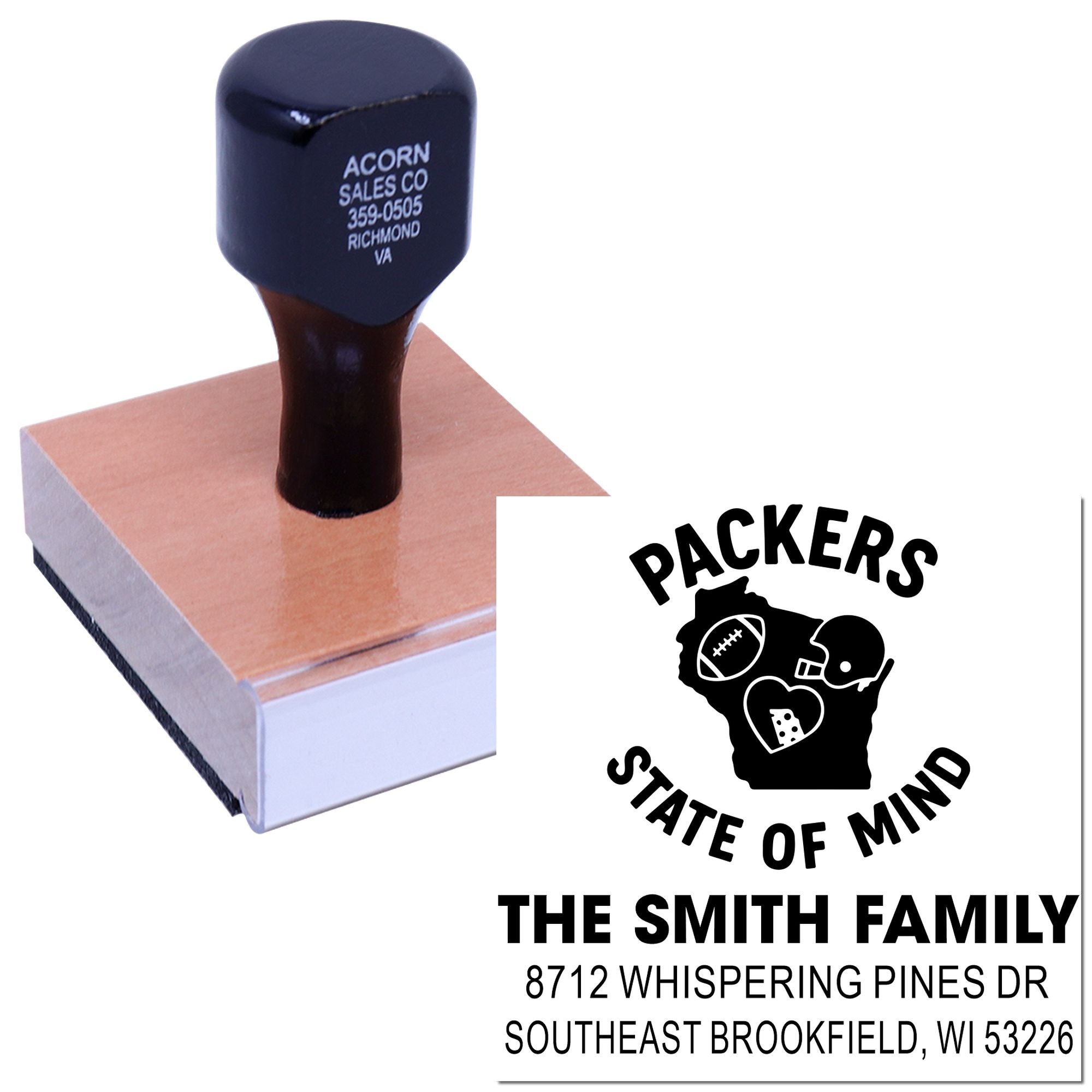 Custom self-inking address stamp on white background with Packers State of Mind logo, The Smith Family name, and Wisconsin address.