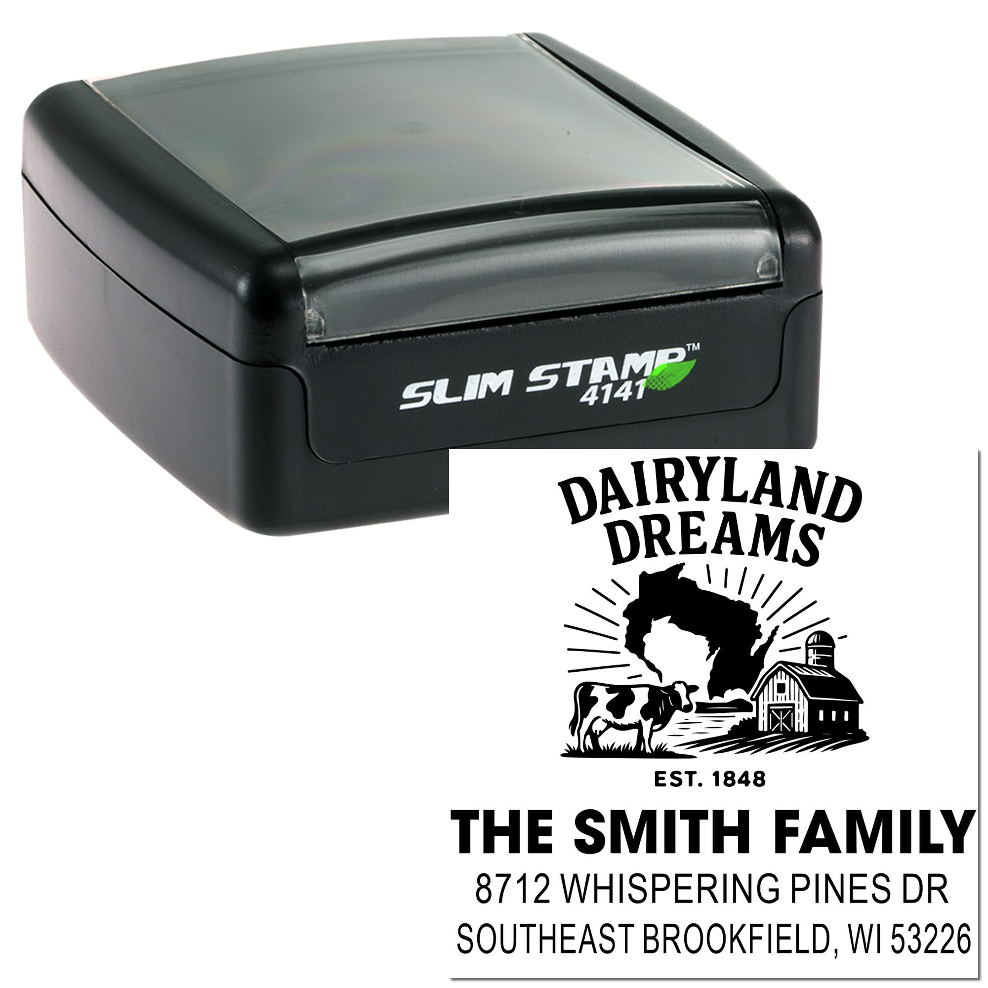 Black self-inking Slim Stamp with custom dairy farm logo and Smith Family return address, shown on a white product background.