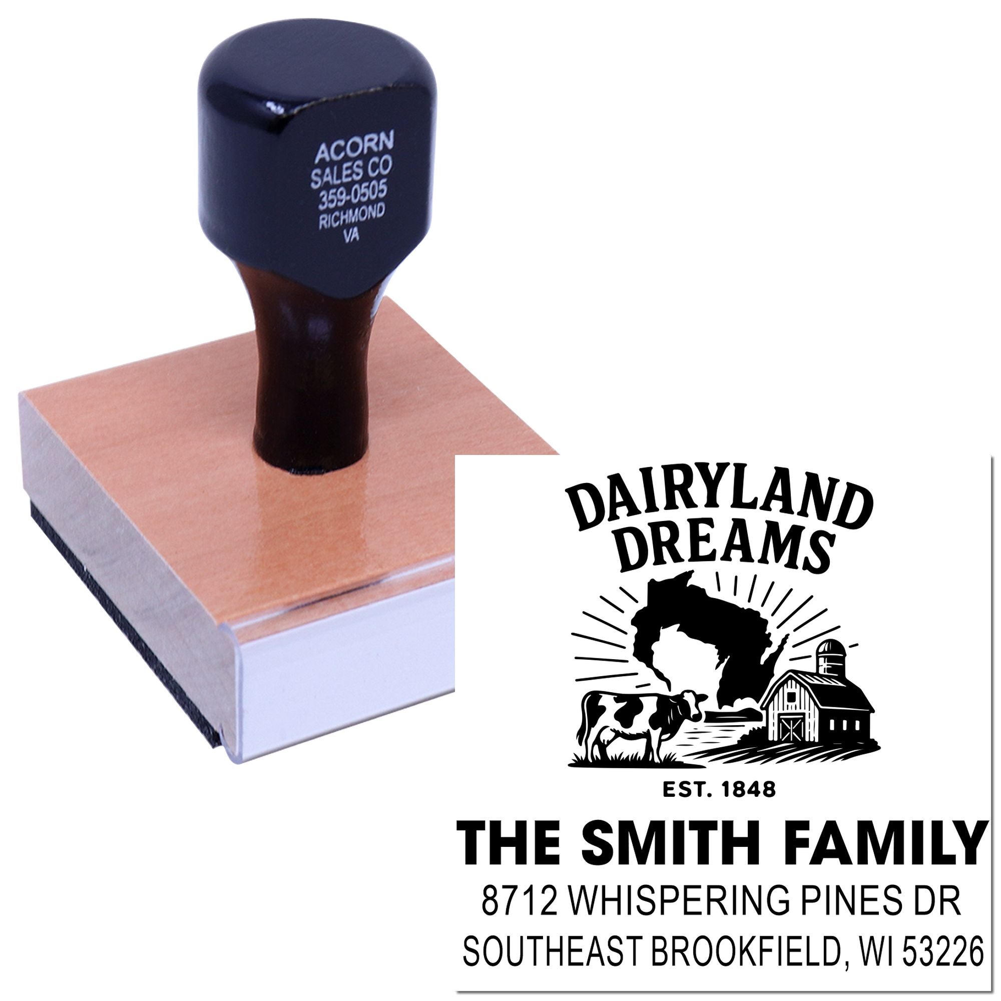Custom rubber stamp on wooden base with Dairyland Dreams farm logo and The Smith Family address imprint on white background.
