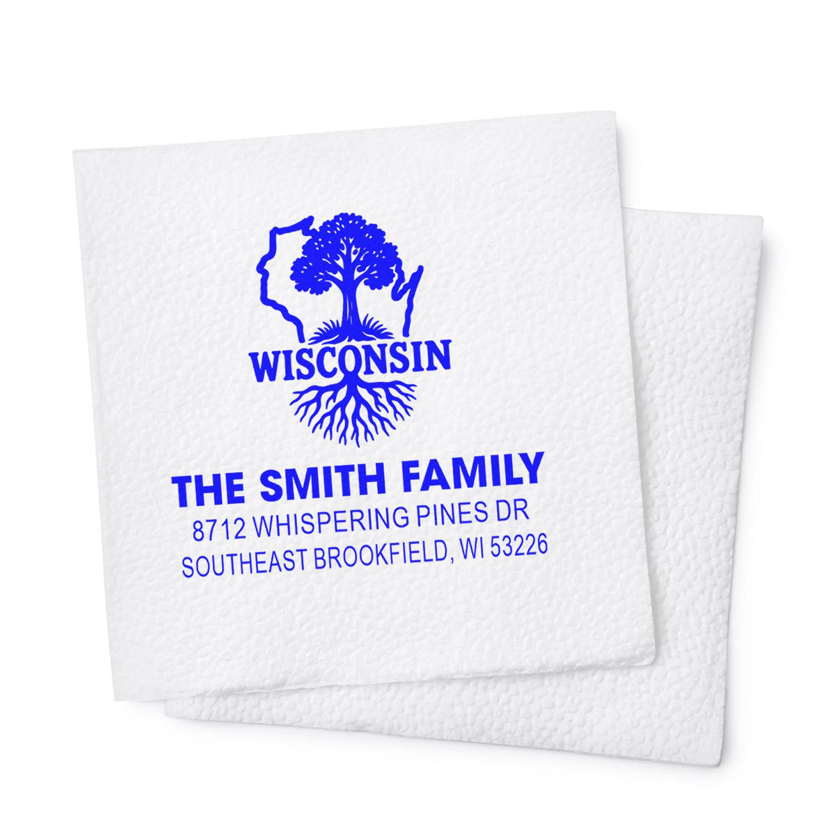 Custom blue Wisconsin return address stamp on white textured envelopes, featuring a tree logo, The Smith Family, and Brookfield, WI address.