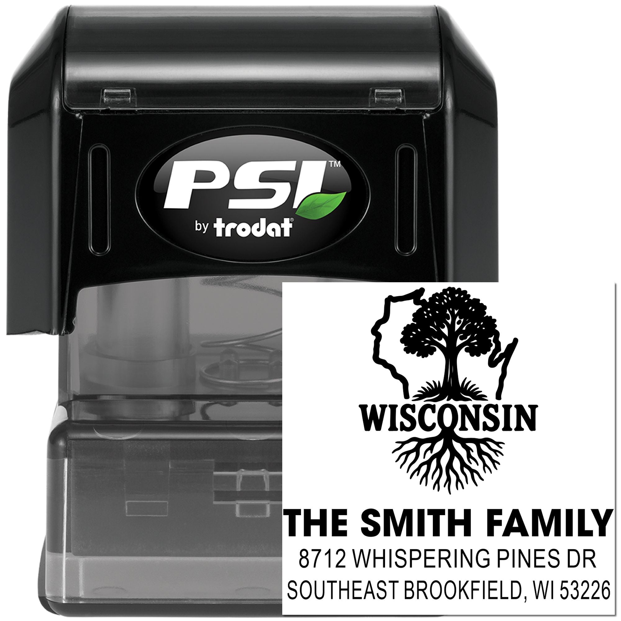 PSI by Trodat self-inking address stamp with Wisconsin tree design for The Smith Family, featuring Brookfield, WI address.
