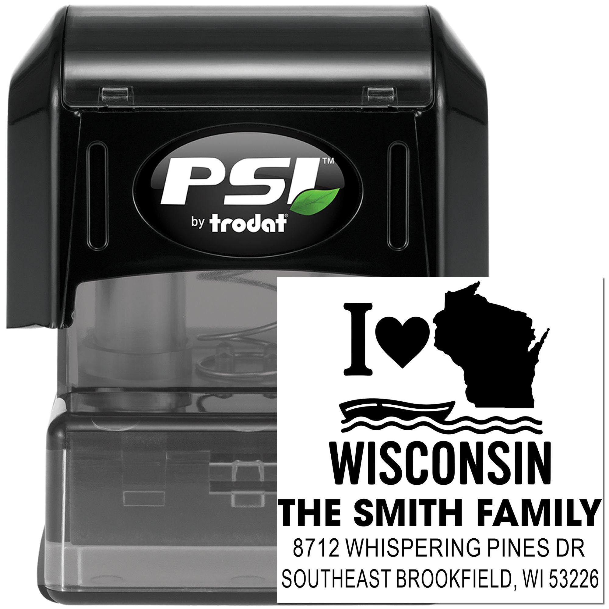 PSI by Trodat self-inking stamp with Wisconsin I ? design and personalized return address imprint, black office stamp on white background.