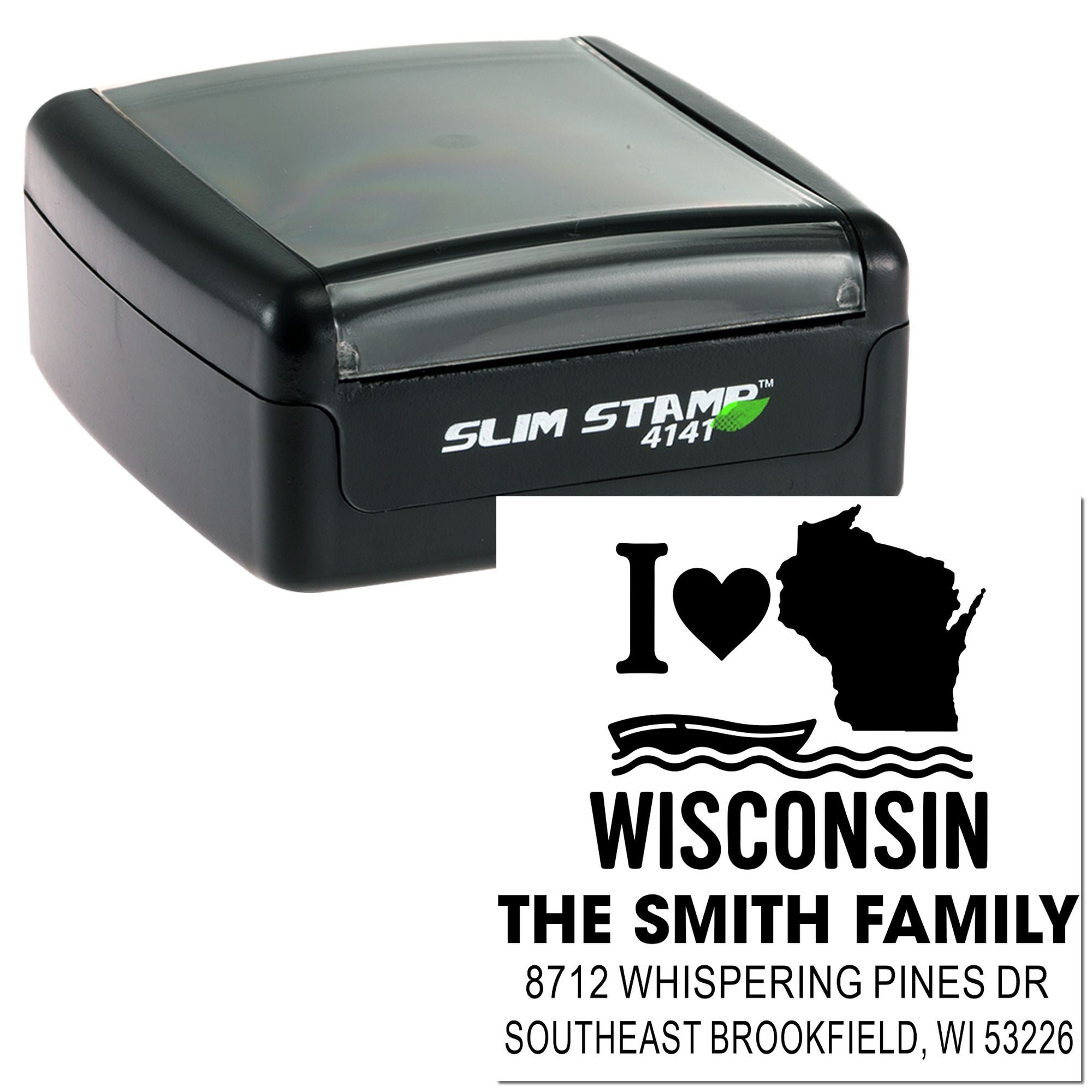 Slim Stamp 4141 self-inking custom Wisconsin address stamp with heart state design, family name, and mailing address on white background.