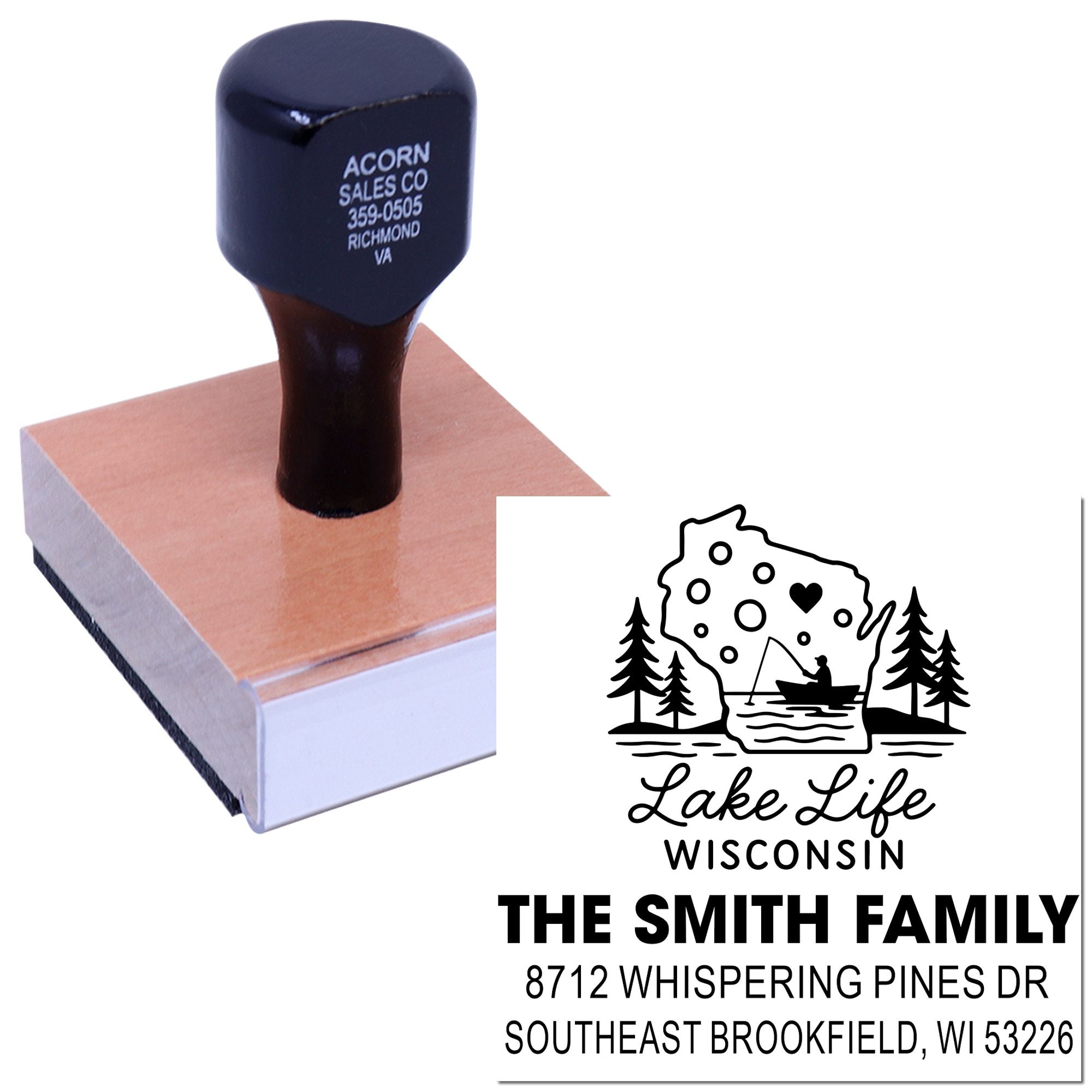 Self-inking custom rubber stamp with Lake Life Wisconsin design and The Smith Family address, shown on a white background beside a sample imprint.