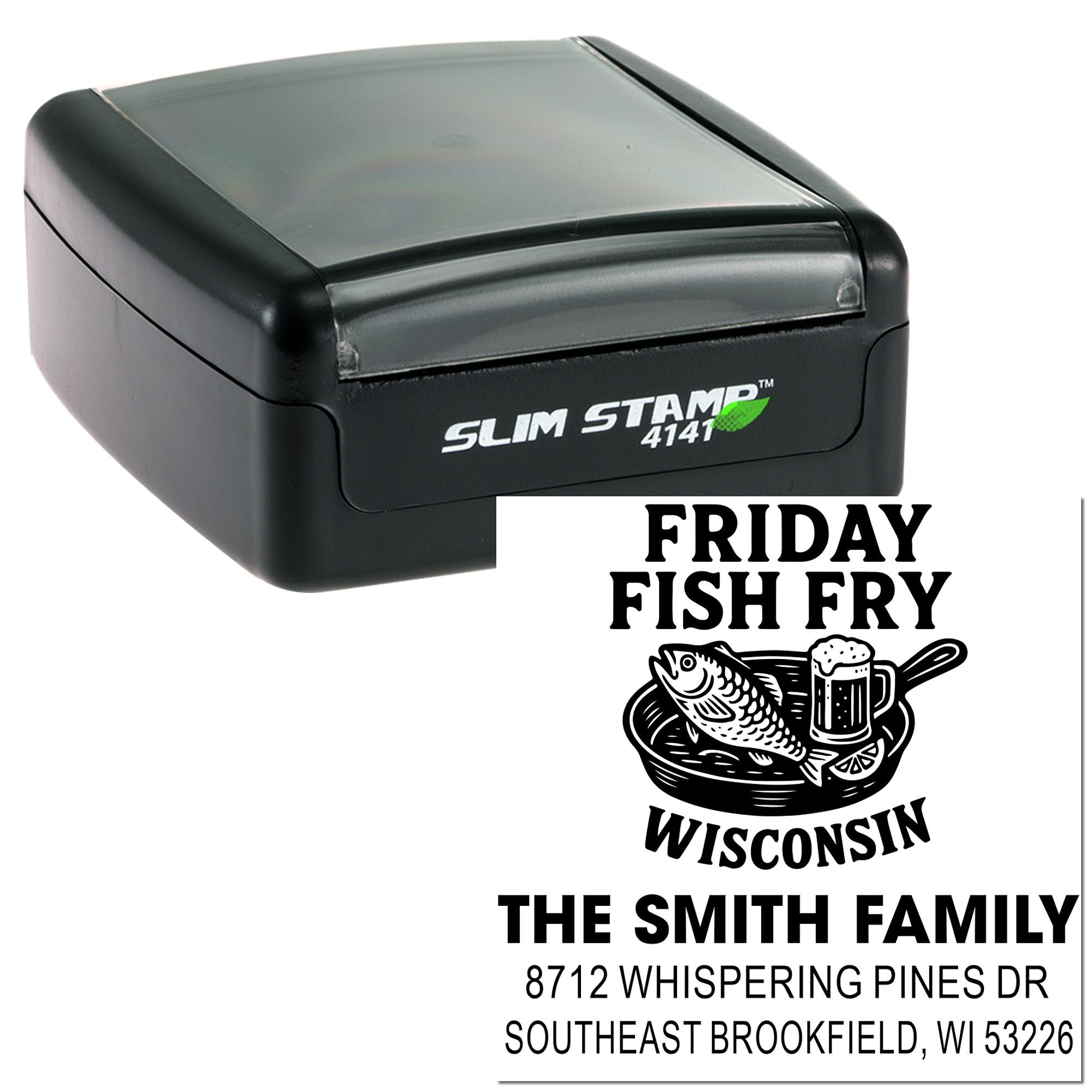 Slim Stamp 4141 self-inking custom address stamp with Friday Fish Fry Wisconsin design, fish-and-beer graphic, and The Smith Family address on white background.
