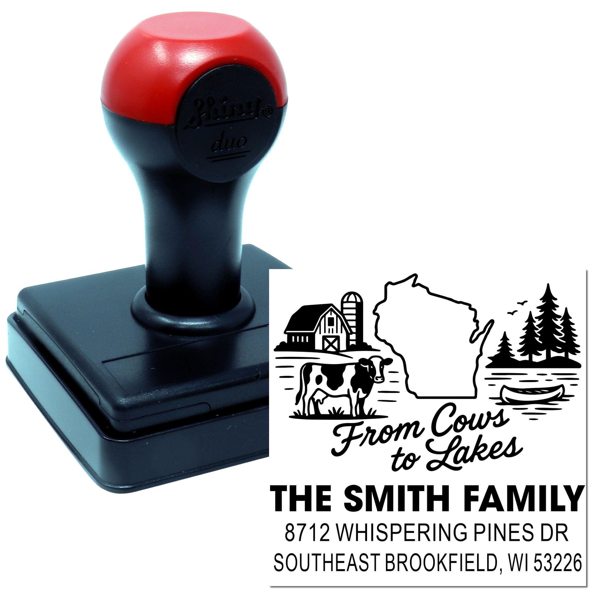 Custom self-inking address stamp with Wisconsin farm-and-lake design, The Smith Family name, and Southeast Brookfield, WI address imprint.